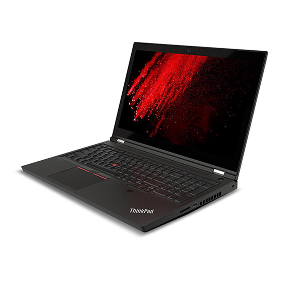 Czarny laptop ThinkPad z czerwonym tłem na ekranie.