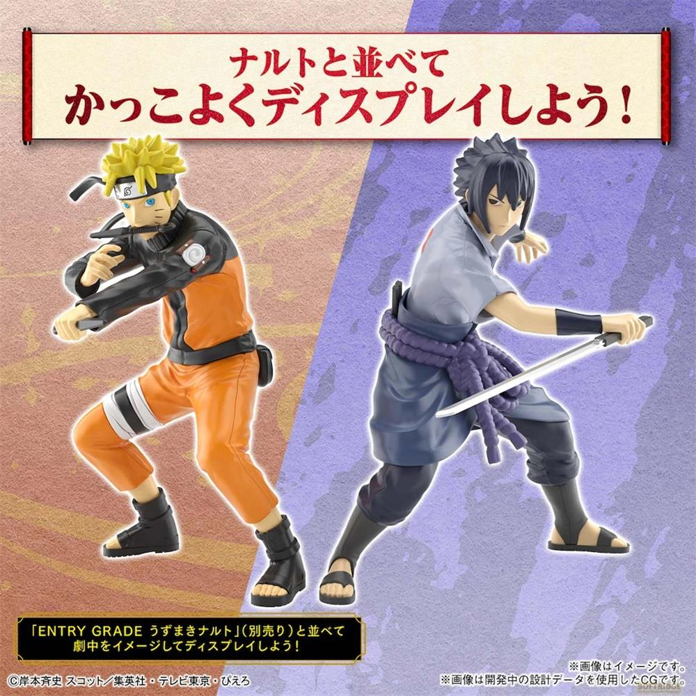 Naruto und Sasuke Figuren in dynamischen Posen vor einem bunten Hintergrund.