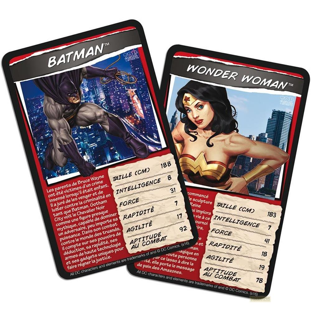 Due carte collezionabili DC Comics: Batman e Wonder Woman con le loro statistiche.
