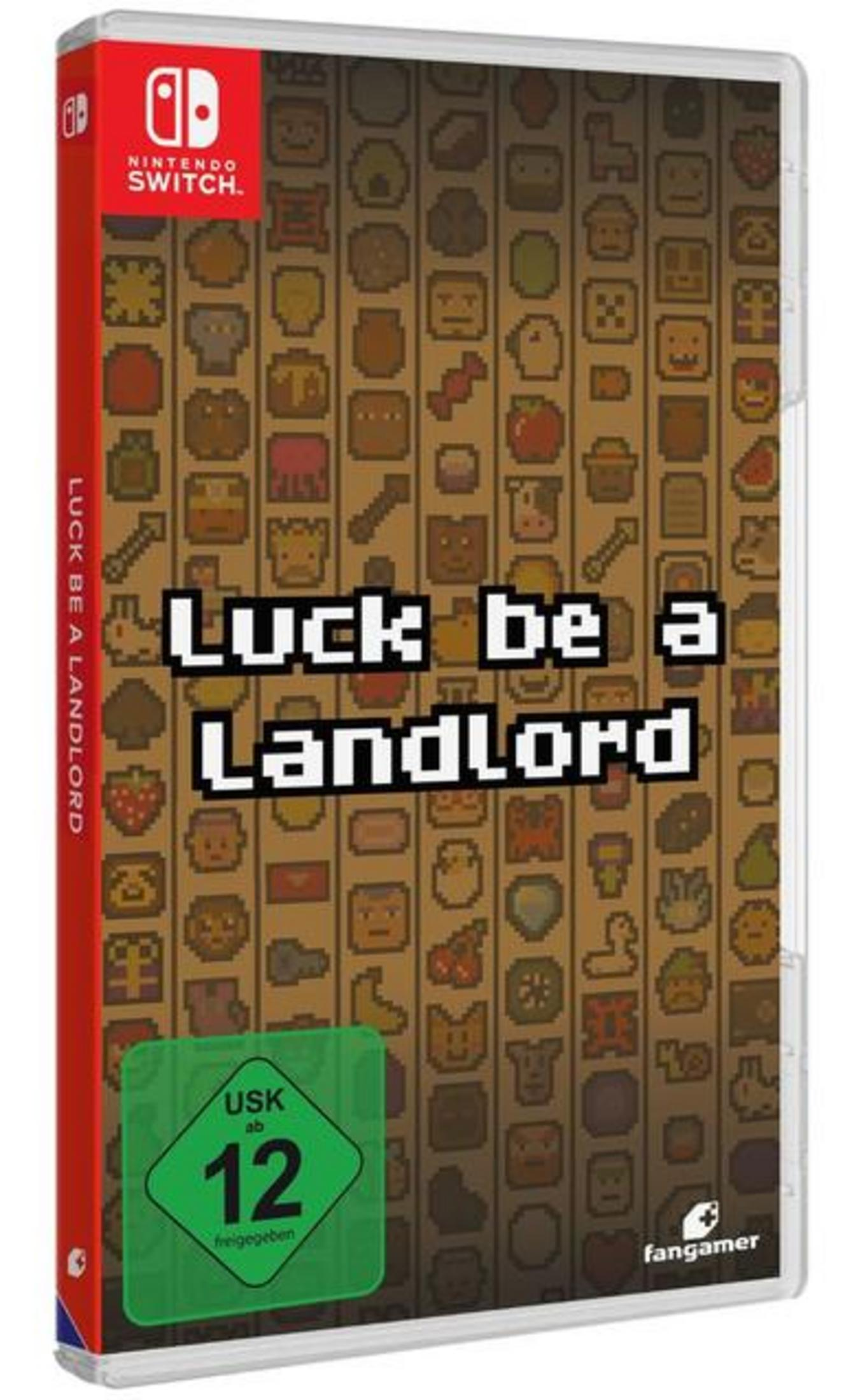 Nintendo Switch Hülle mit Pixel-Art-Design und dem Titel 'Luck be a Landlord'.