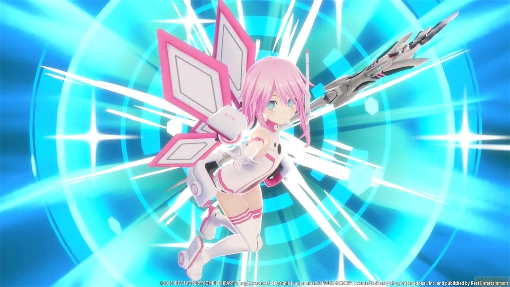 Eine Anime-Figur mit rosa Haaren und Flügeln vor einem blauen, strahlenden Hintergrund.