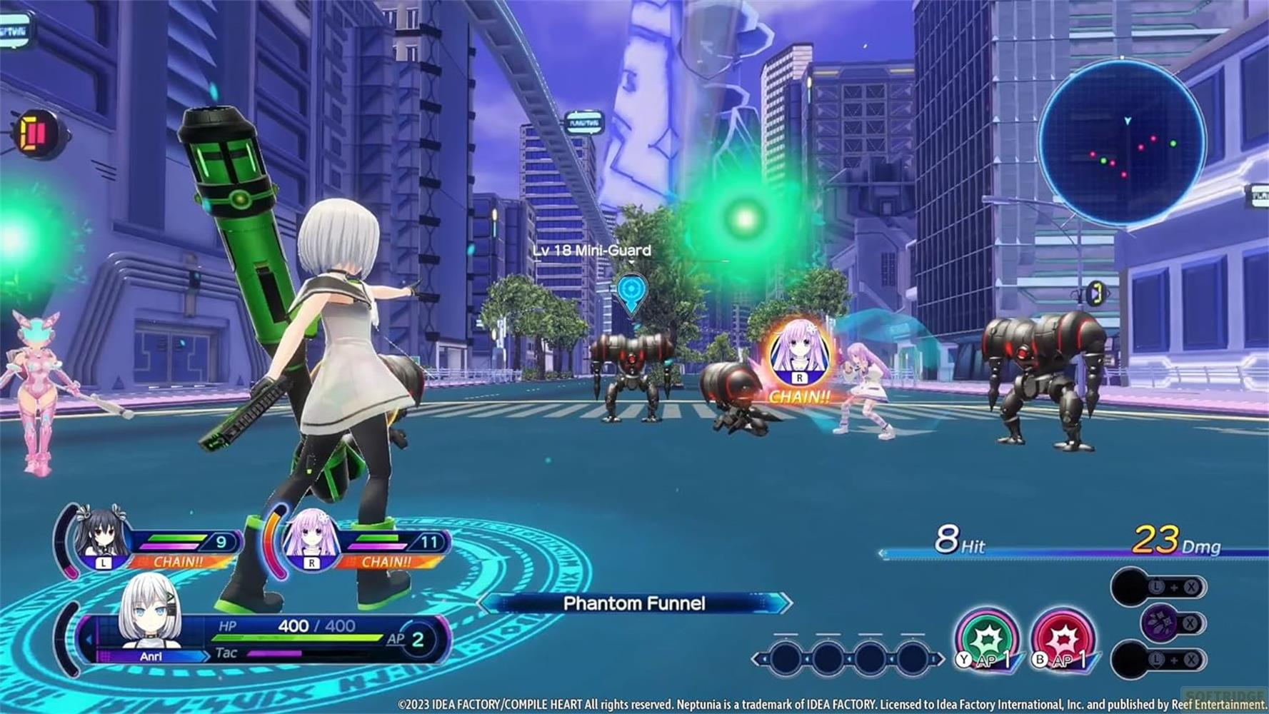Anime-Charaktere kämpfen gegen Roboter in einer futuristischen Stadt. Eine hält eine grüne Kanone.