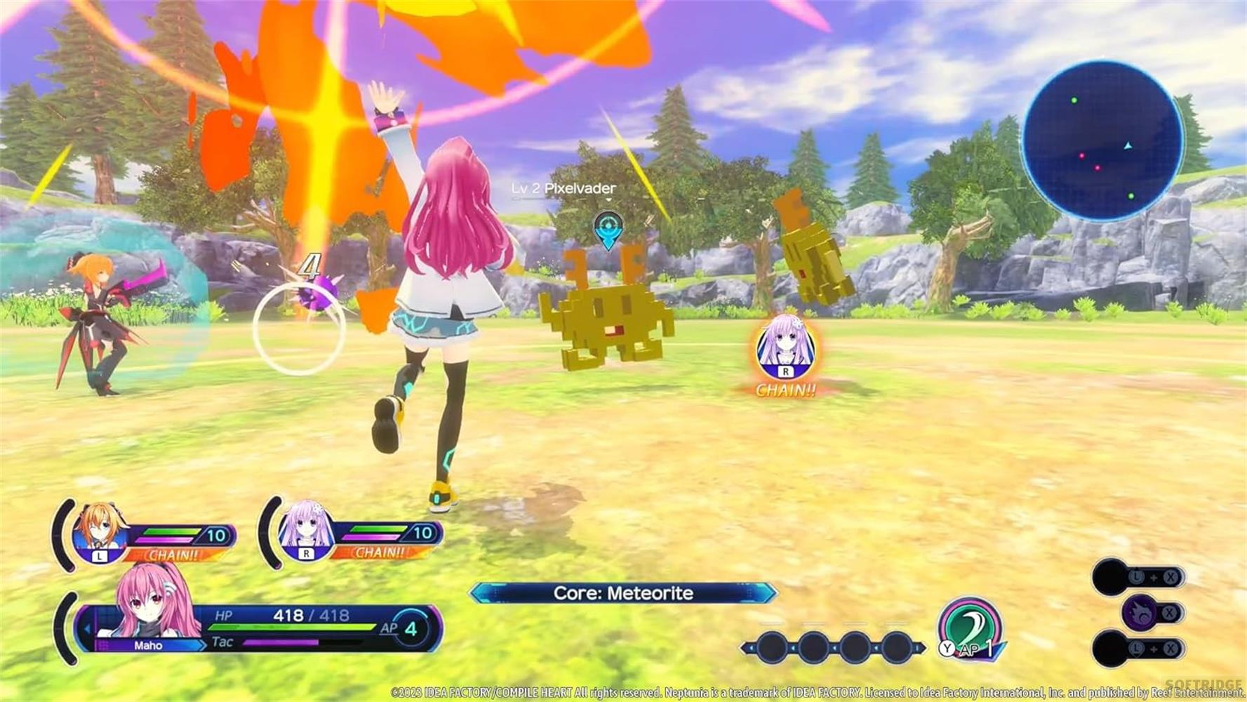 Anime-Charaktere kämpfen in einer Graslandschaft gegen gelbe Pixel-Monster.