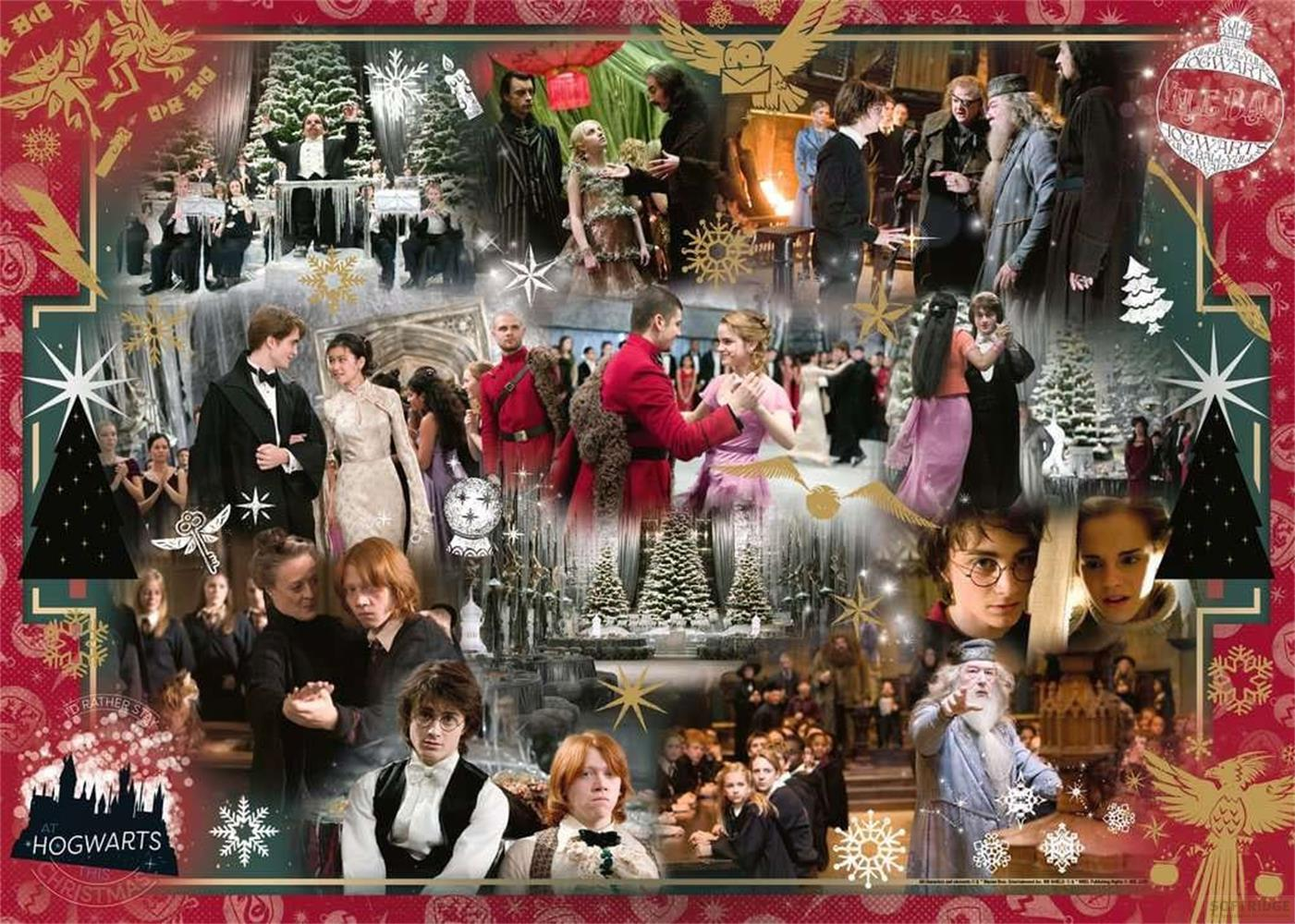 Collage van Harry Potter-scènes met personages, kerstbomen en sneeuw.