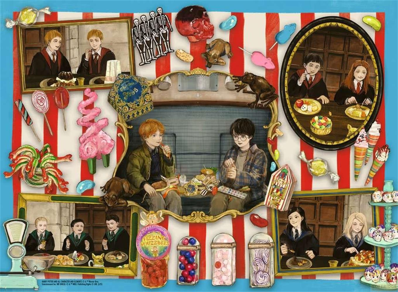Personaggi di Harry Potter tra dolci magici, come rane di cioccolato e gelatine multi-gusto.