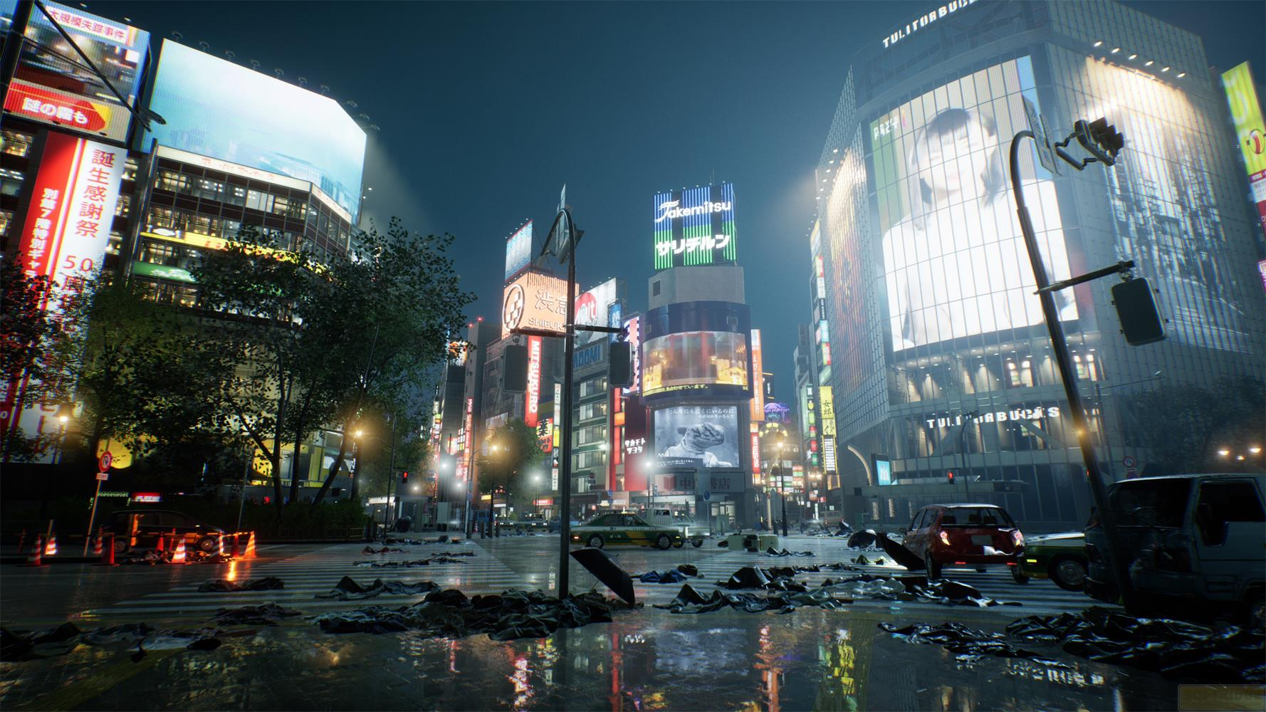 Scena notturna a Tokyo con strada bagnata, insegne al neon e spazzatura.