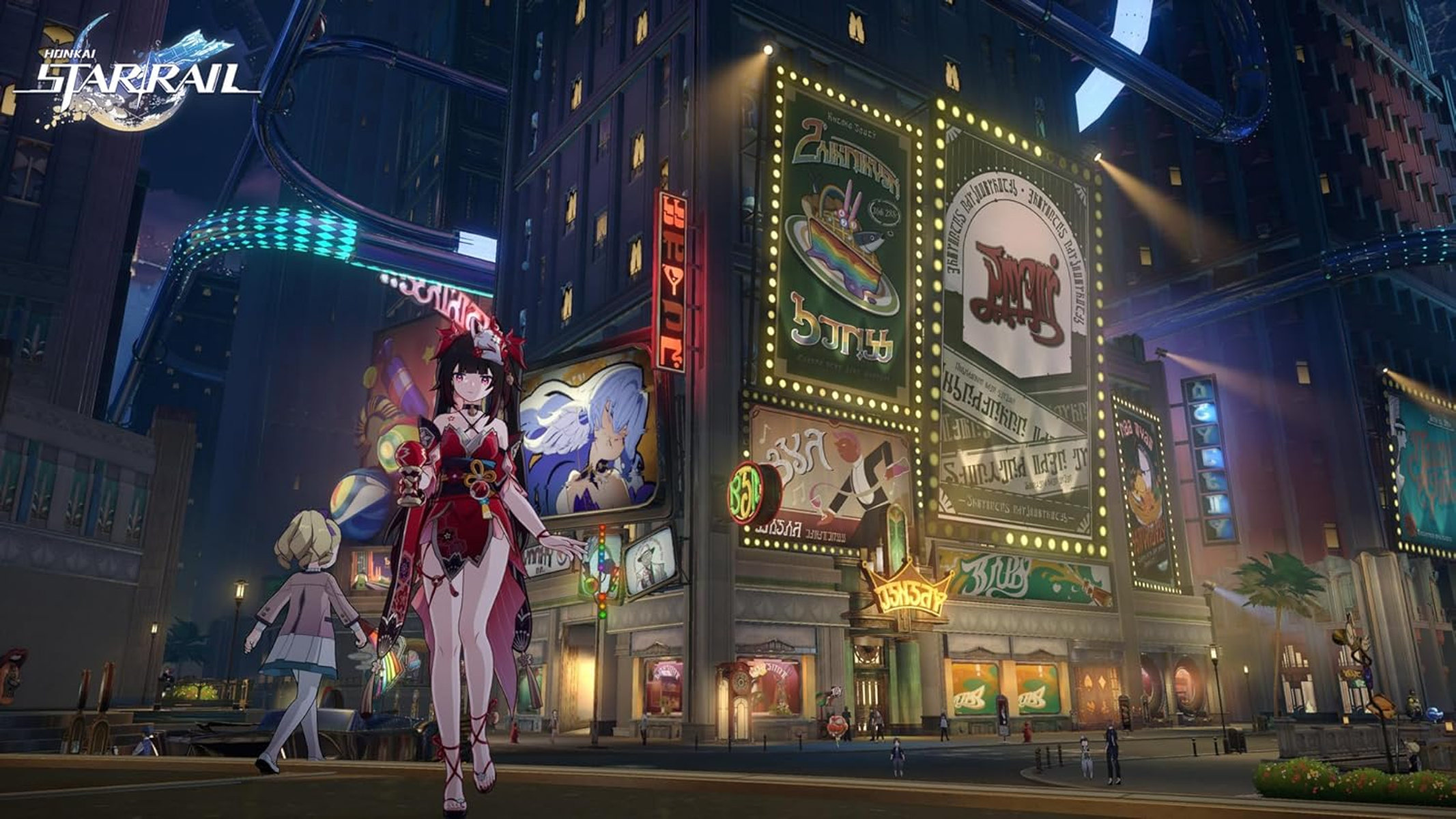 Personaggio anime in rosso in una strada cittadina, illuminata da molti cartelloni al neon.
