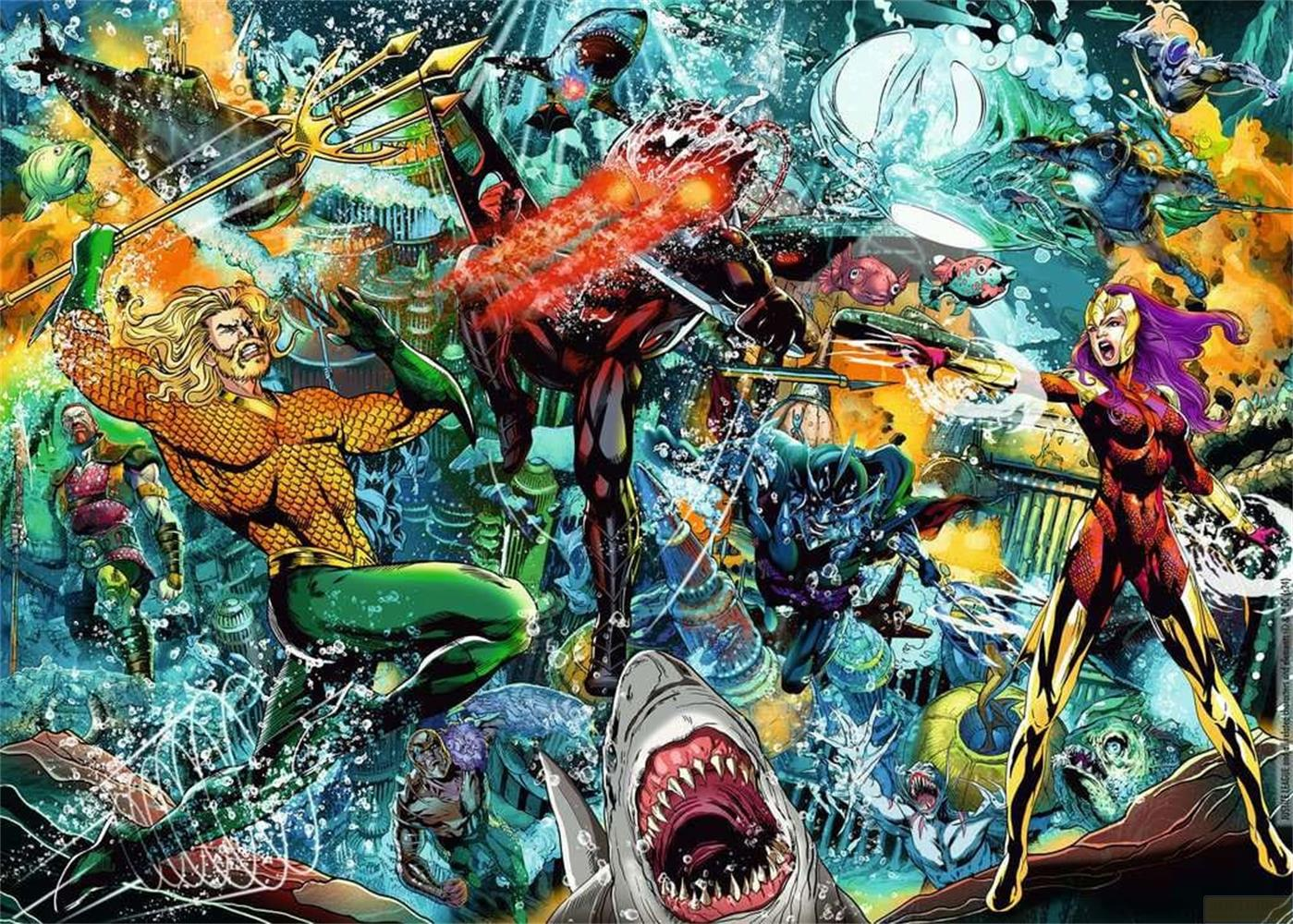 Aquaman e Mera combattono un nemico rosso in un mondo sottomarino pieno di squali e creature.