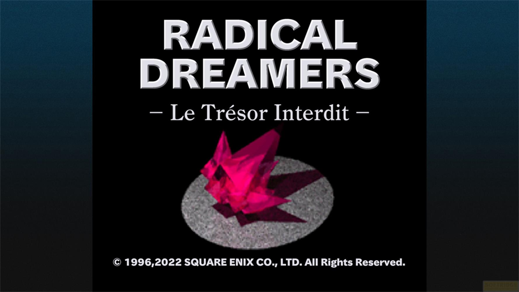 Logo mit "Radical Dreamers - Le Trésor Interdit" und einem roten Kristall.