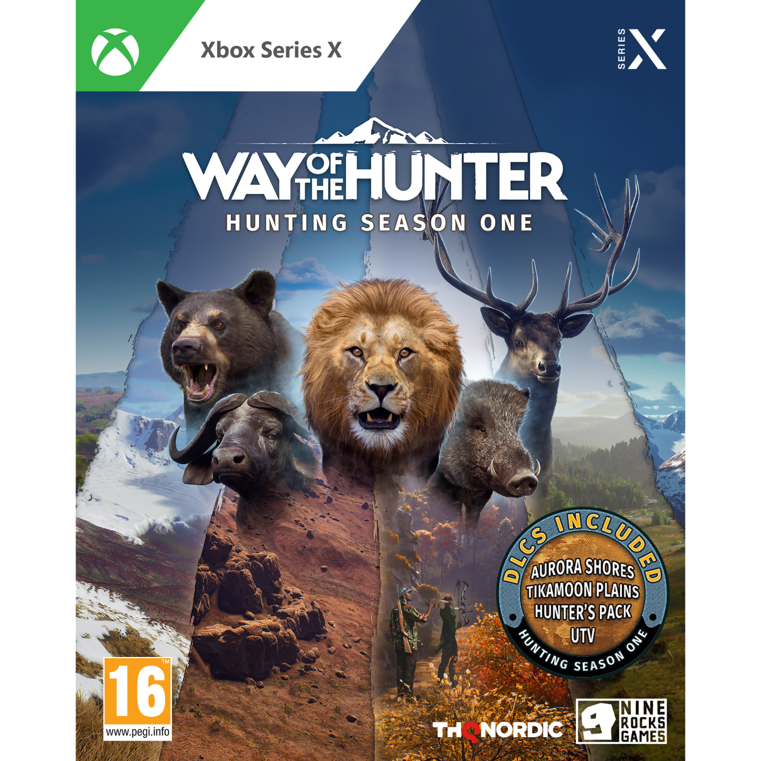 Spielcover: "Way of the Hunter" für Xbox Series X mit Tieren und Jägern.