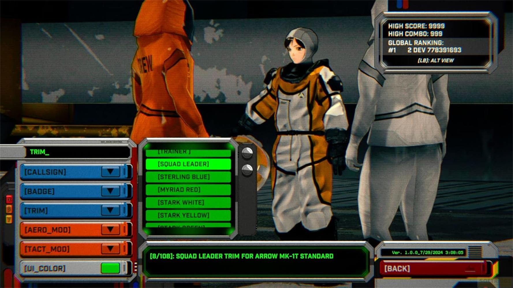 Ein Spieler-Avatar in einem orange-weißen Raumanzug steht vor einem Menü.