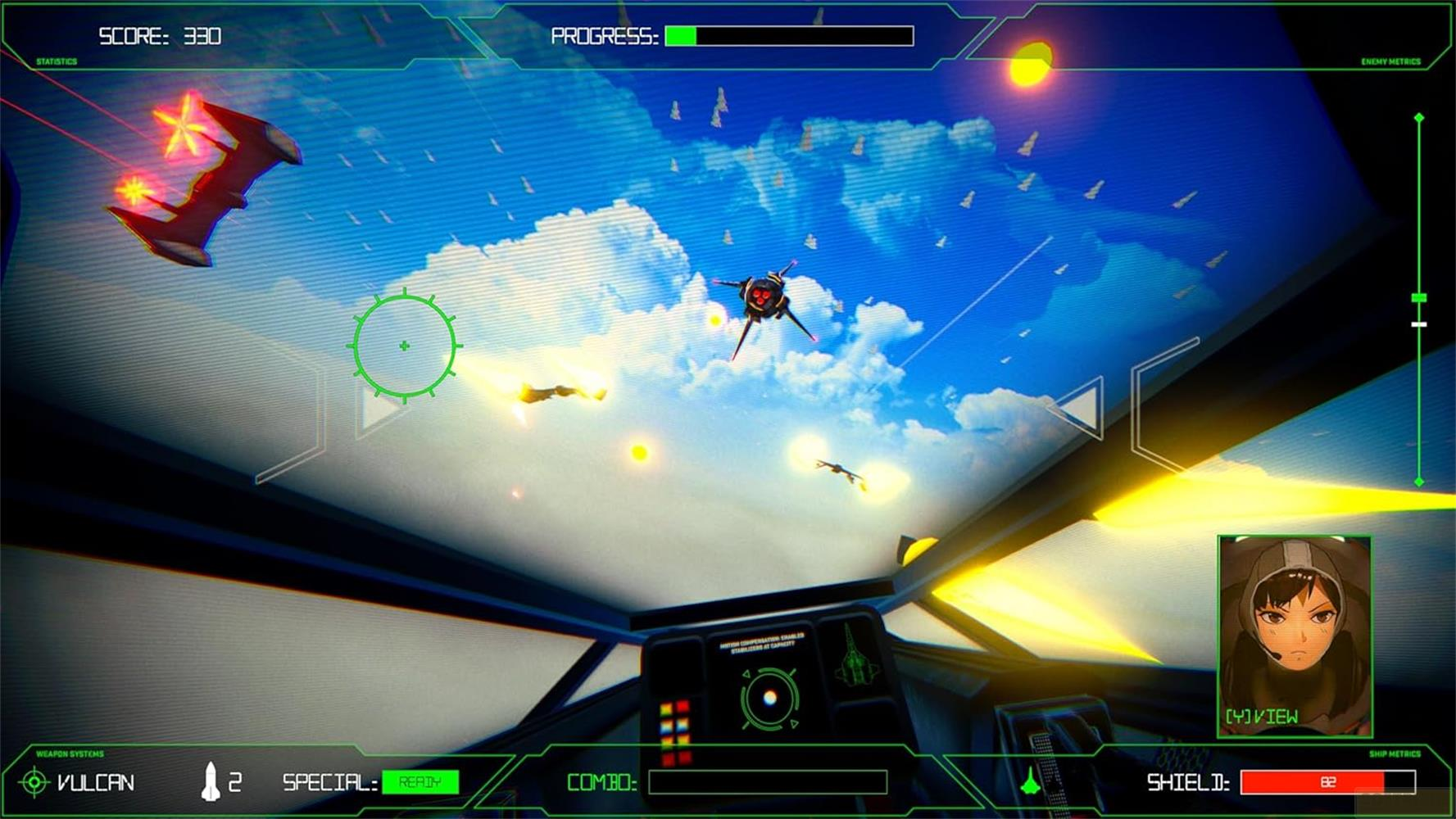 Flugzeugkampfspiel aus der Cockpit-Perspektive mit Punktzahl und Fortschrittsanzeige.