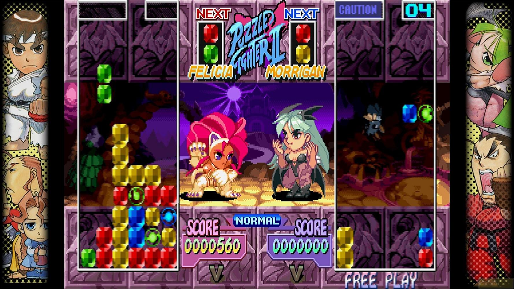 Puzzle Fighter II avec Felicia et Morrigan, écran de jeu avec des gemmes tombantes.