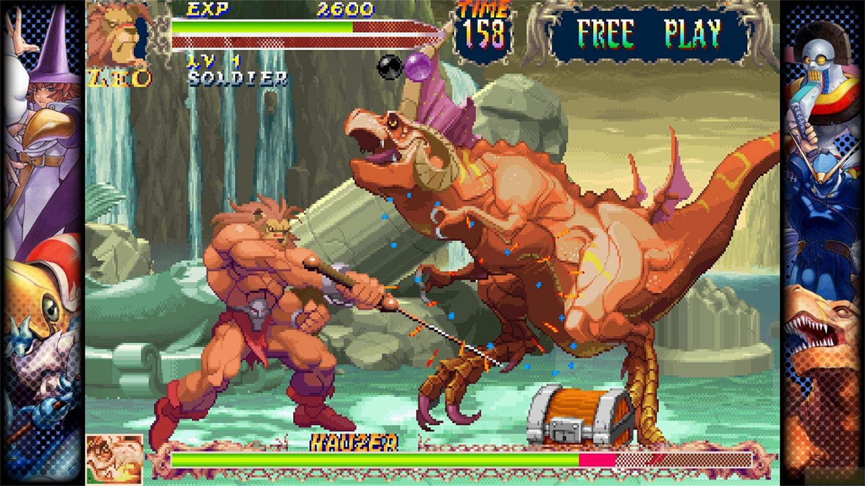 Un homme-lion combat un dinosaure orange dans une scène de jeu vidéo.