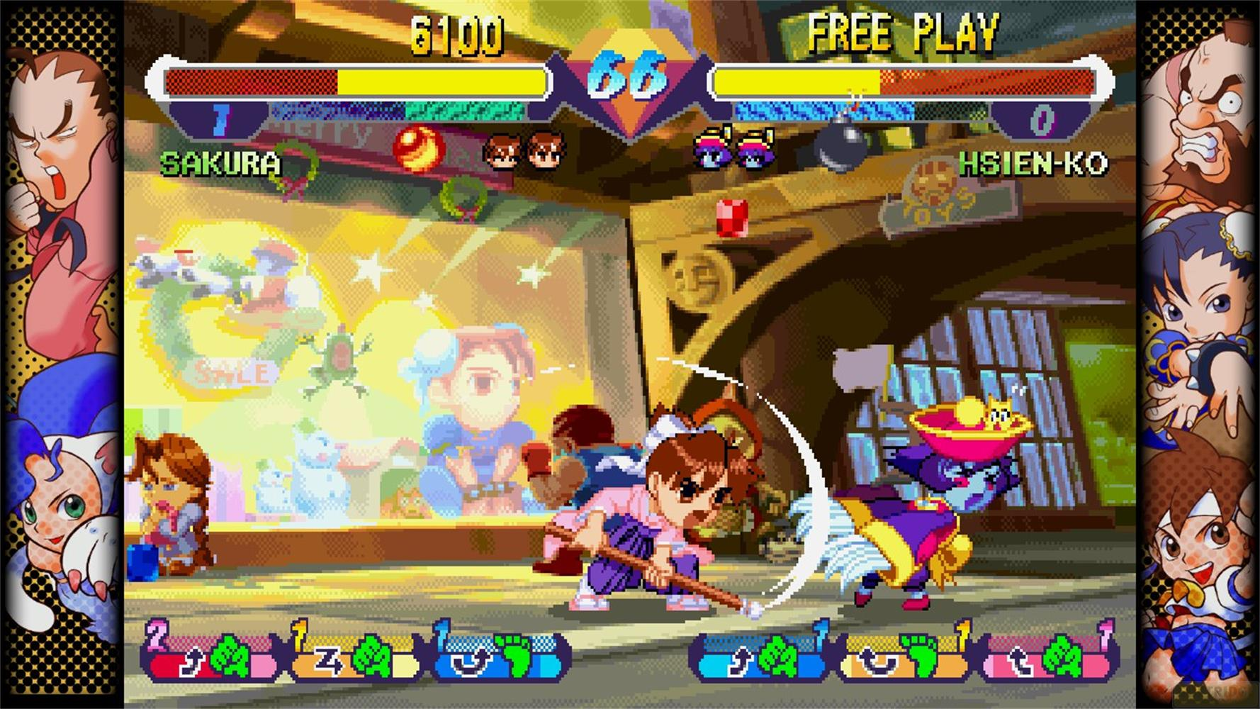 Écran de jeu de combat avec Sakura et Hsien-Ko qui s'affrontent.