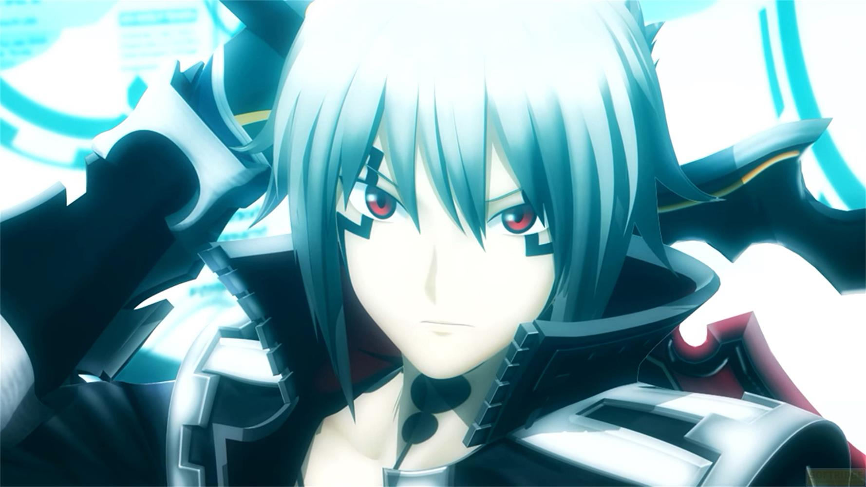 Personaggio anime con capelli argentati, occhi rossi e abiti scuri.