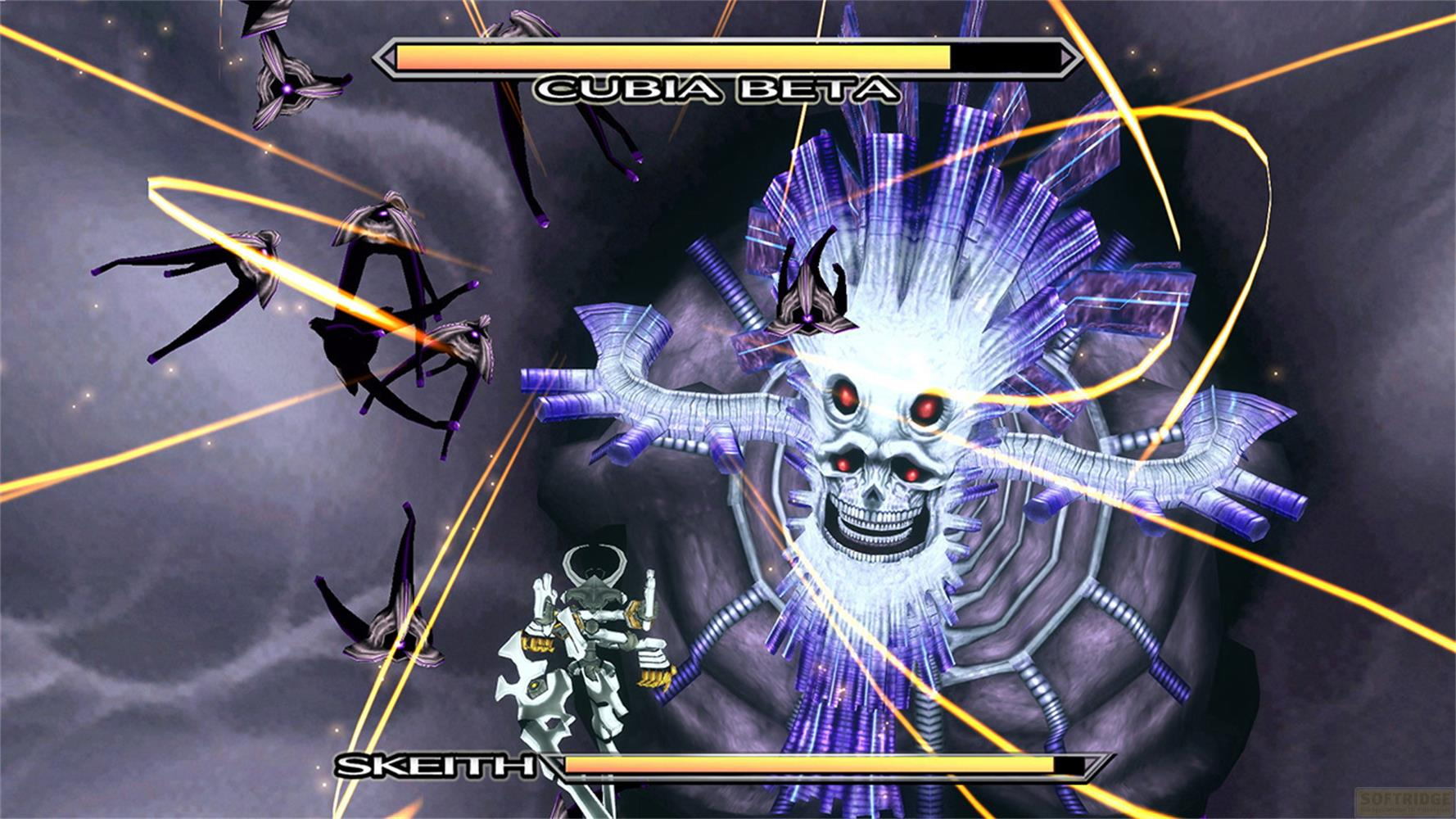 Un boss scheletro con cristalli viola combatte Skeith e piccole creature viola.
