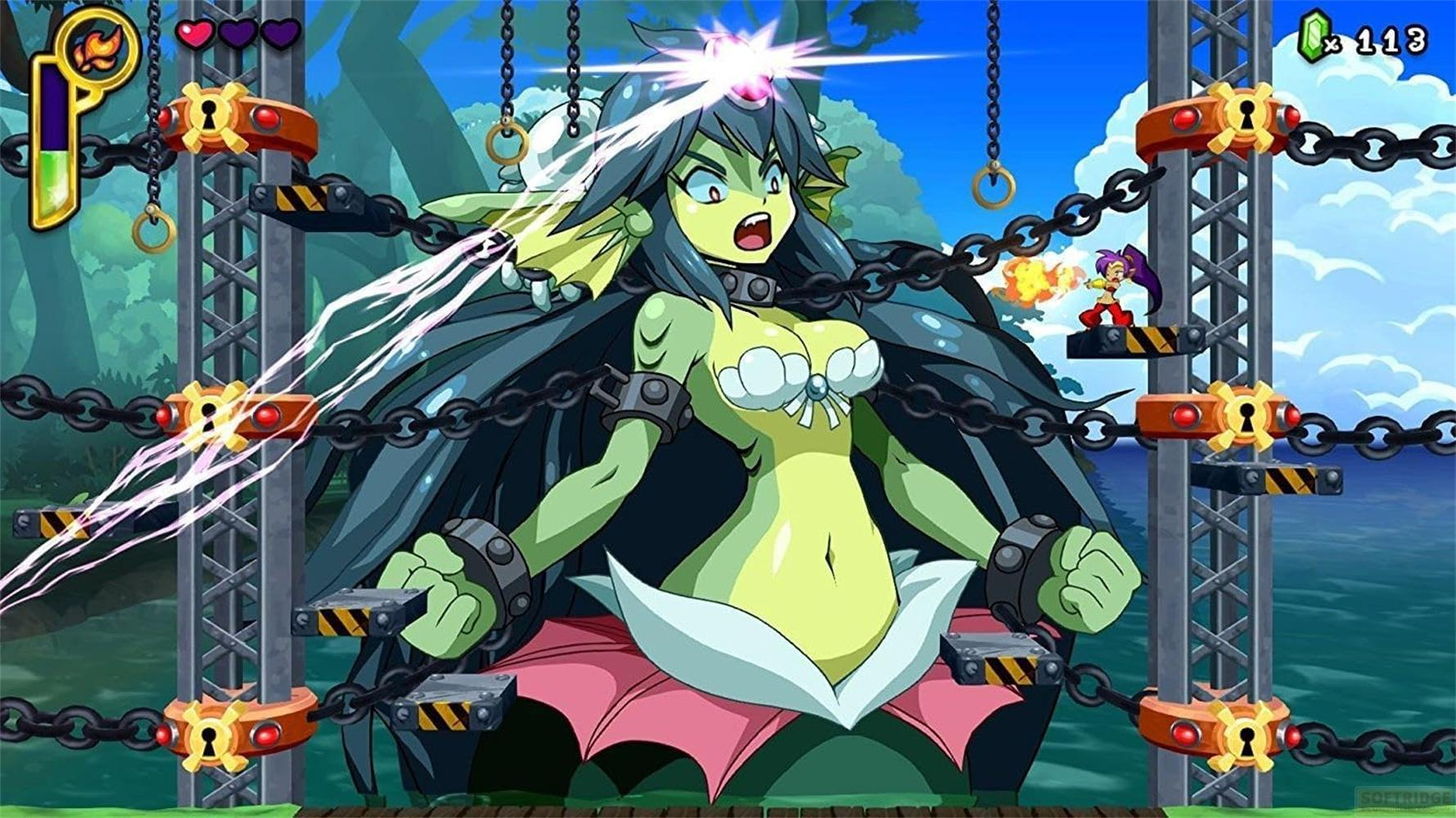 Una creatura verde con lunghi capelli è incatenata mentre una piccola figura sputa fuoco.
