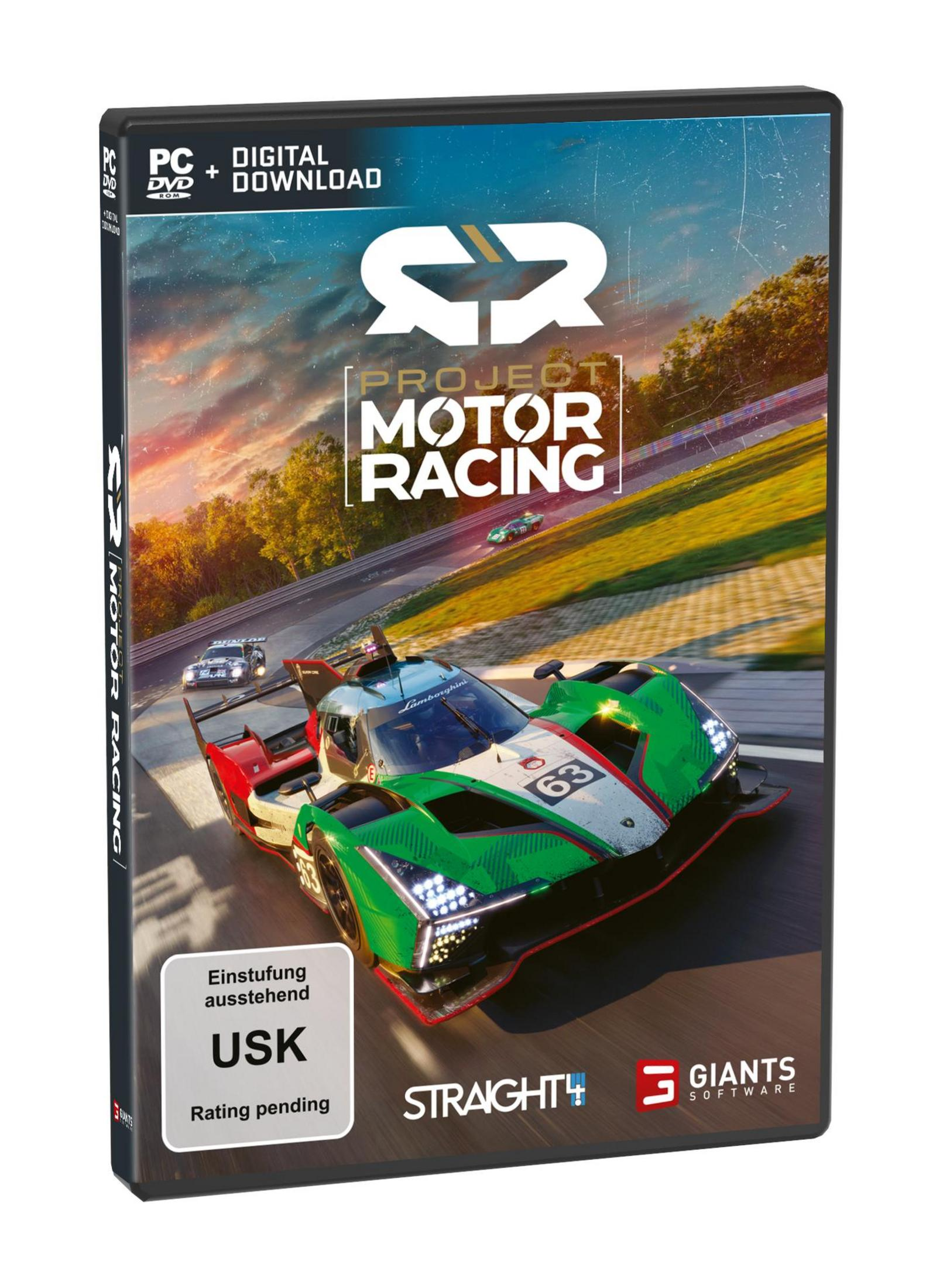 Copertina di un gioco di corse con un'auto da corsa verde e bianca su una pista.