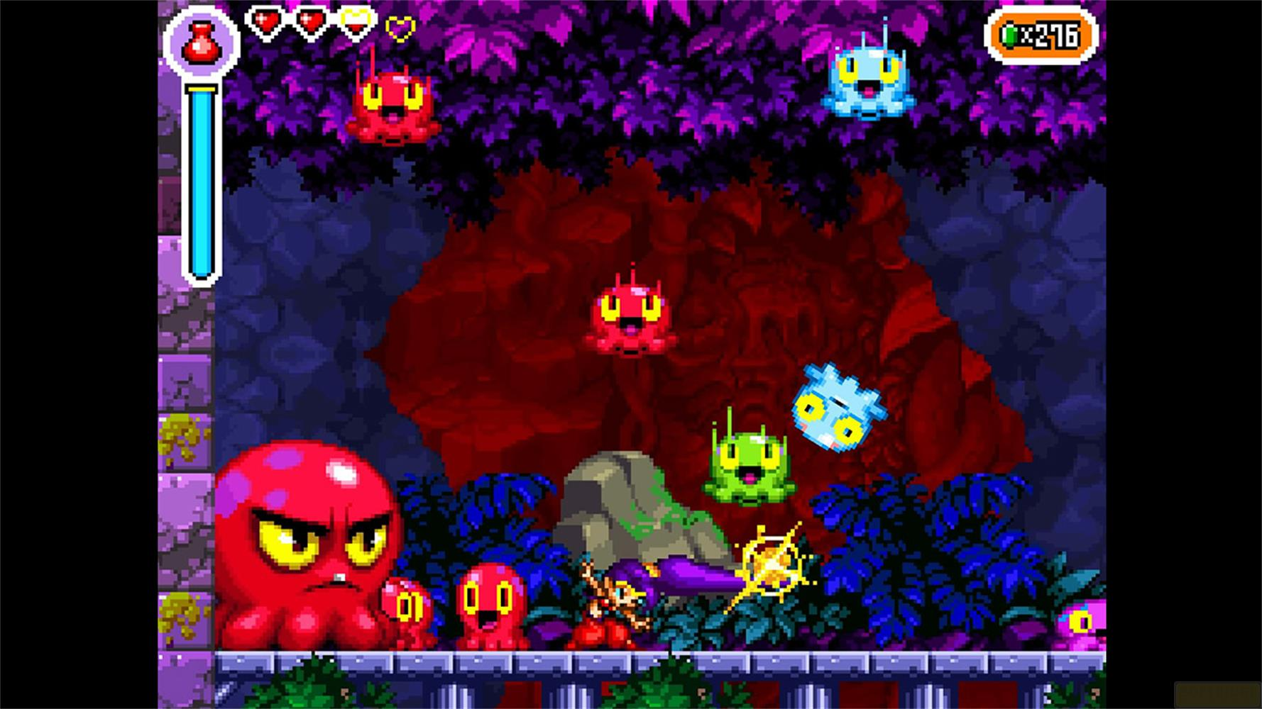 Scena di gioco pixel con un grande polpo rosso e piccoli nemici.