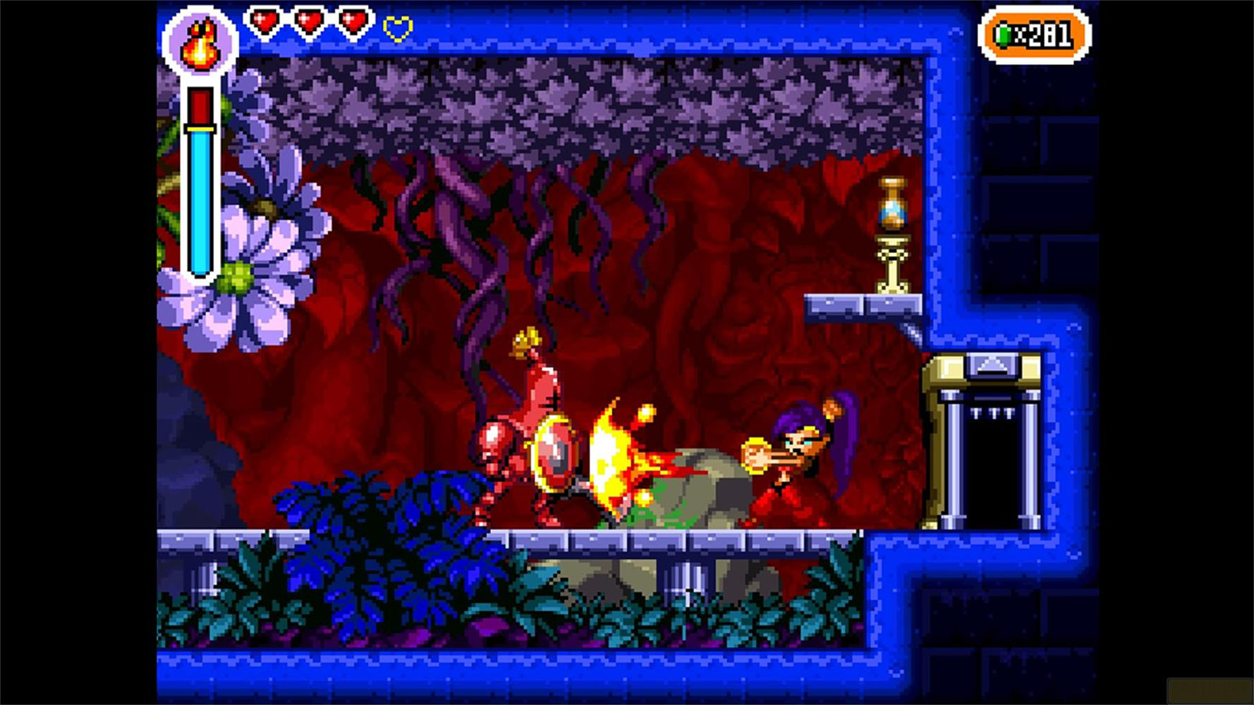 Un personaggio con i capelli viola spara un raggio di energia a un nemico rosso in un videogioco.
