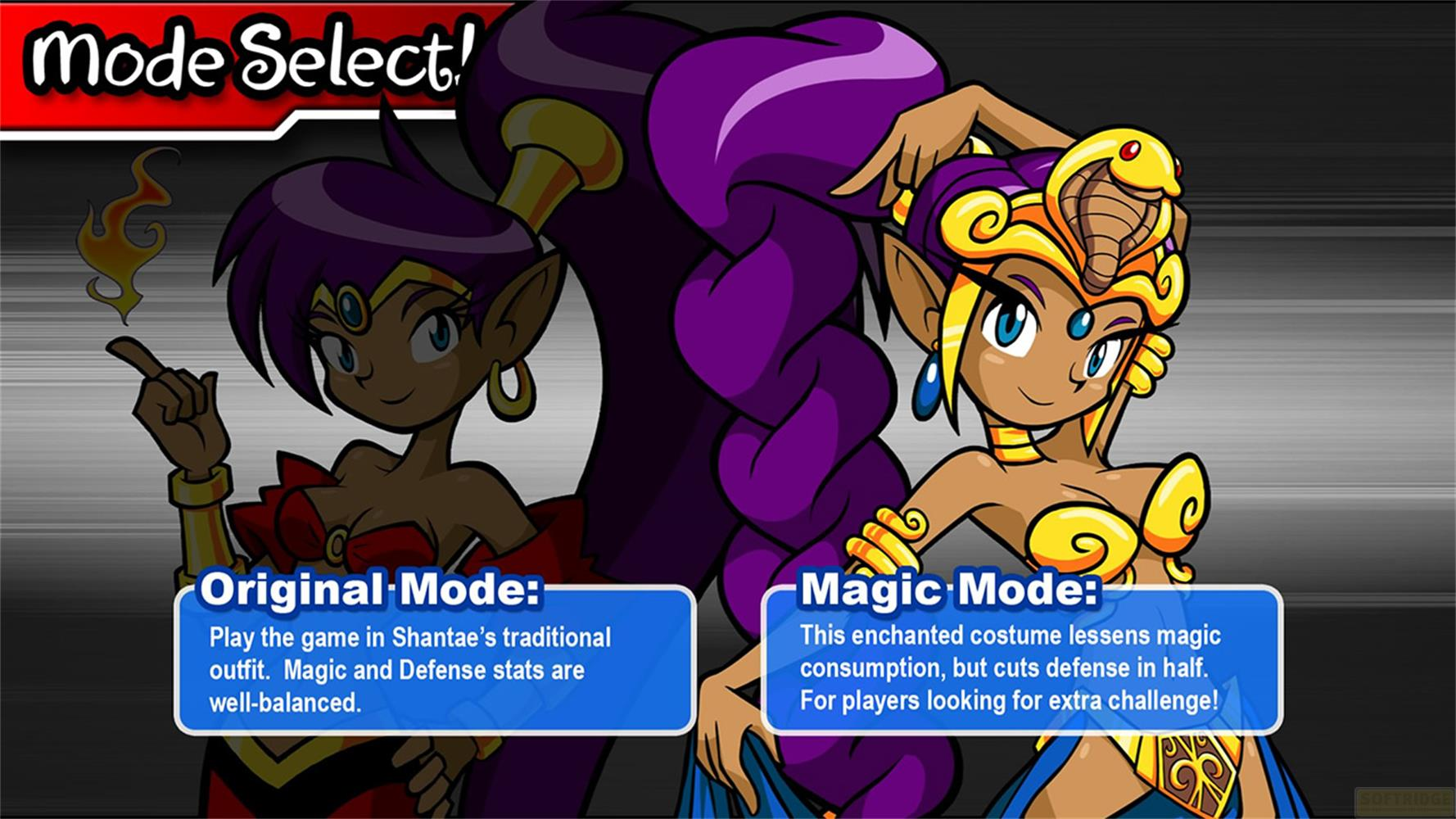Due personaggi di Shantae per la selezione della modalità: Originale e Magia.