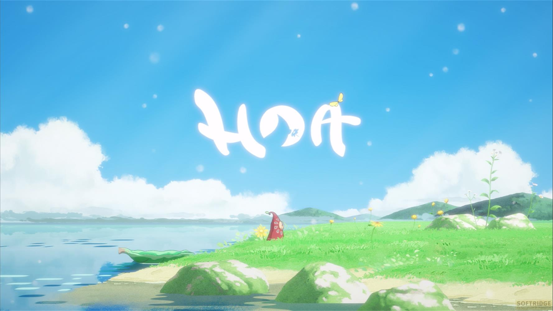 Un paysage serein avec un ciel bleu, des nuages, un lac et une rive herbeuse avec des fleurs et une figure rouge.
