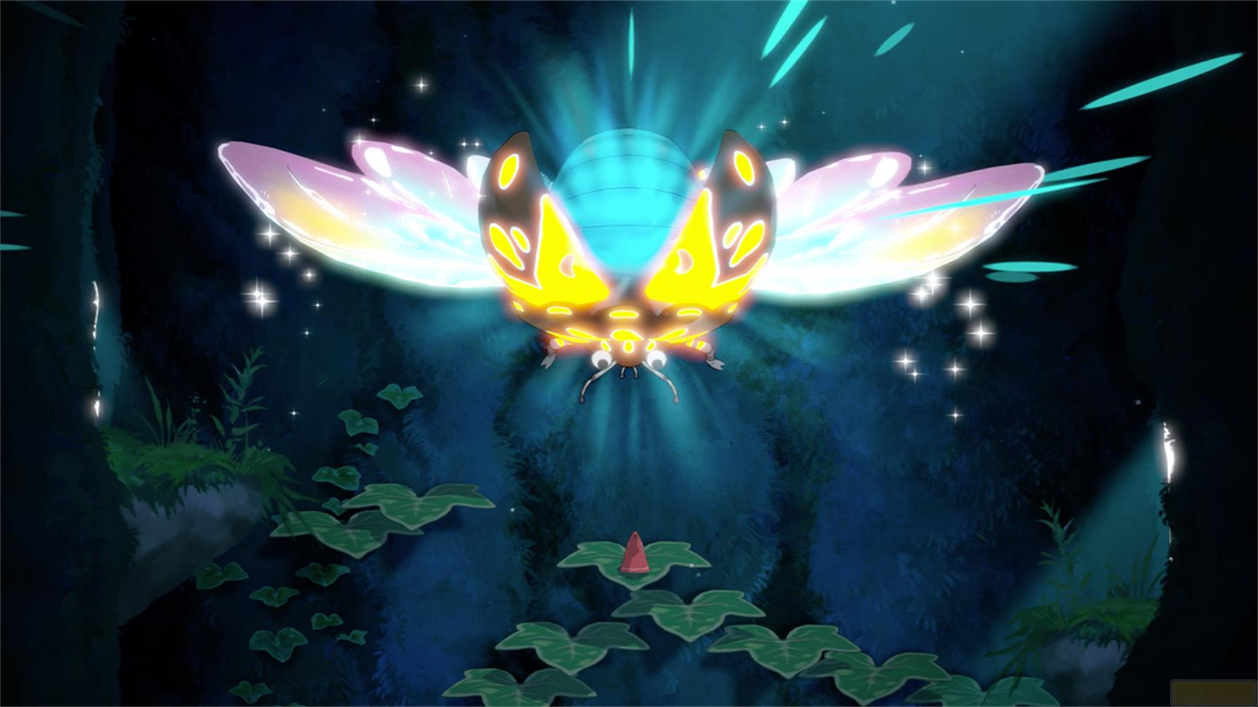 Une mite lumineuse aux ailes bleues et jaunes plane au-dessus de nénuphars.