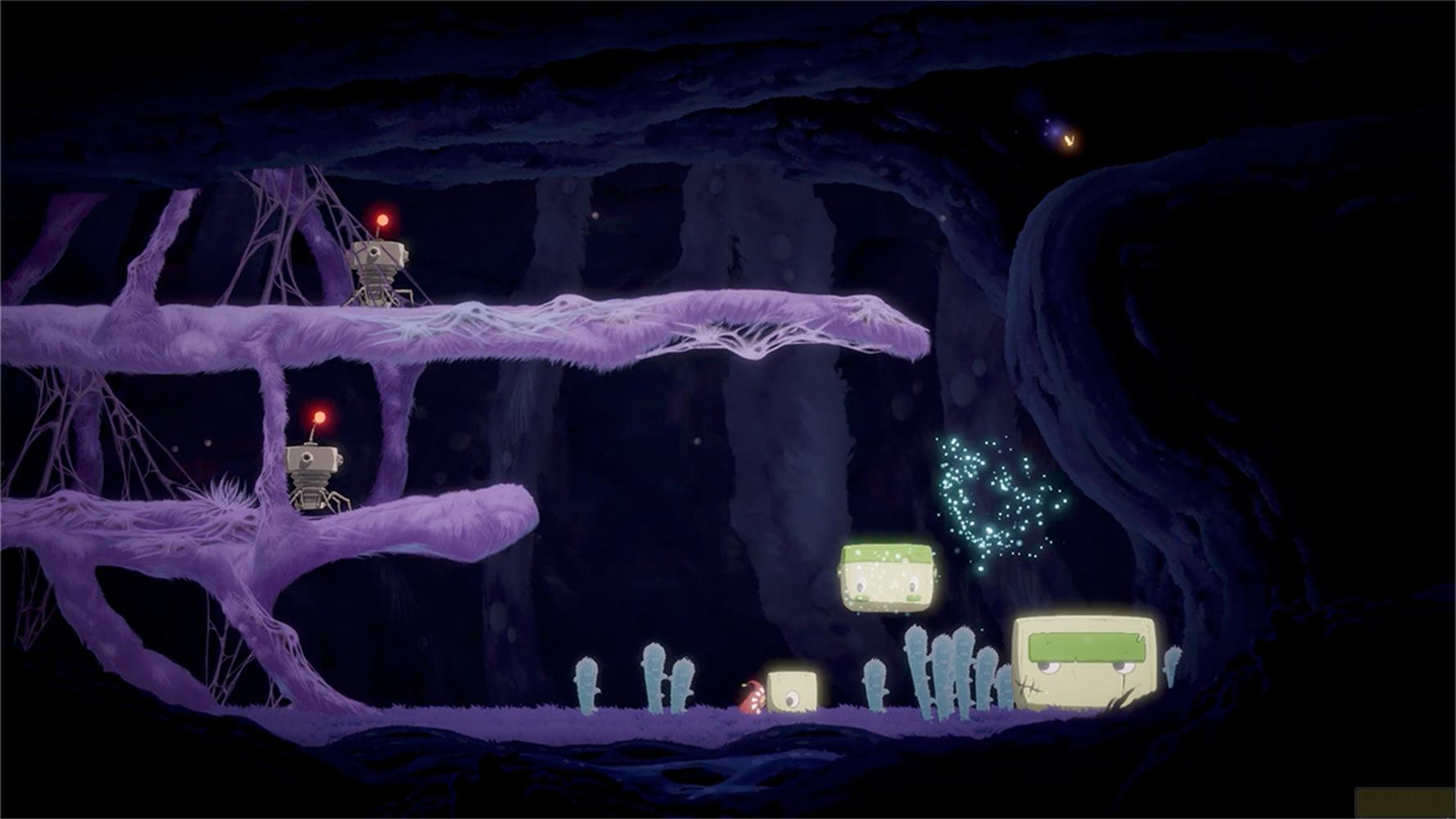 Deux robots sur des branches violettes dans une grotte sombre avec des créatures lumineuses.