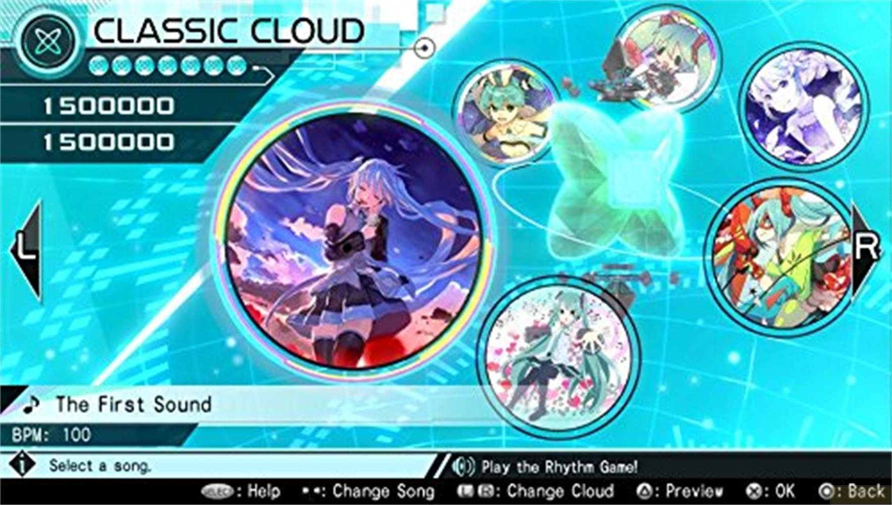 Un écran de jeu de rythme avec des personnages style anime et sélection de chansons.