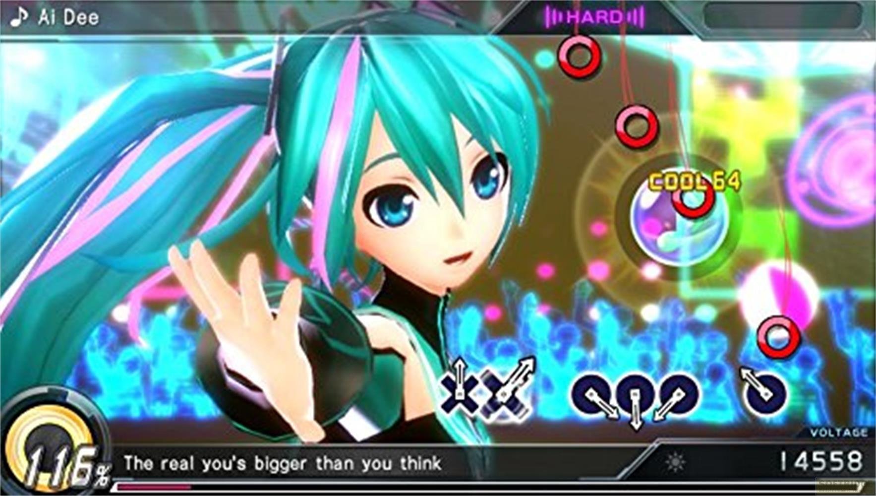 Personnage d'anime aux cheveux bleu sarcelle joue à un jeu de rythme avec des lumières colorées.