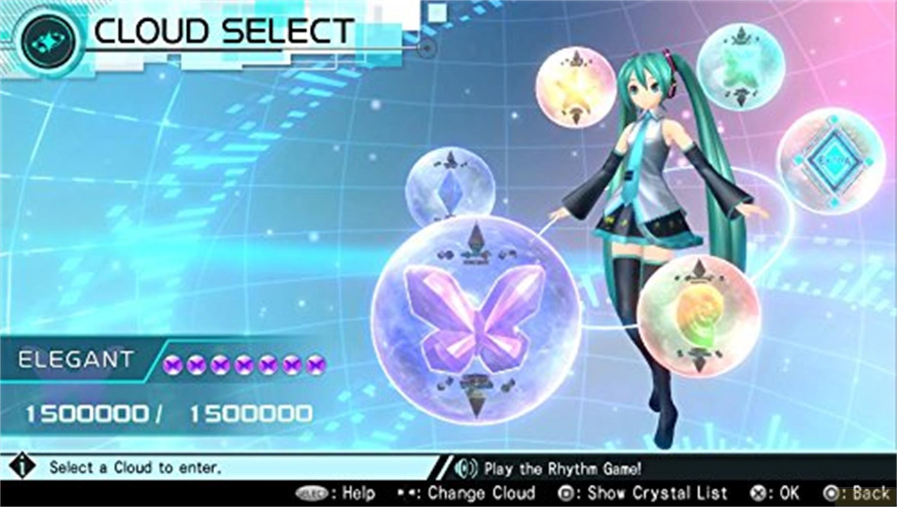 Miku se tient devant un écran de sélection de nuages avec un orbe papillon.