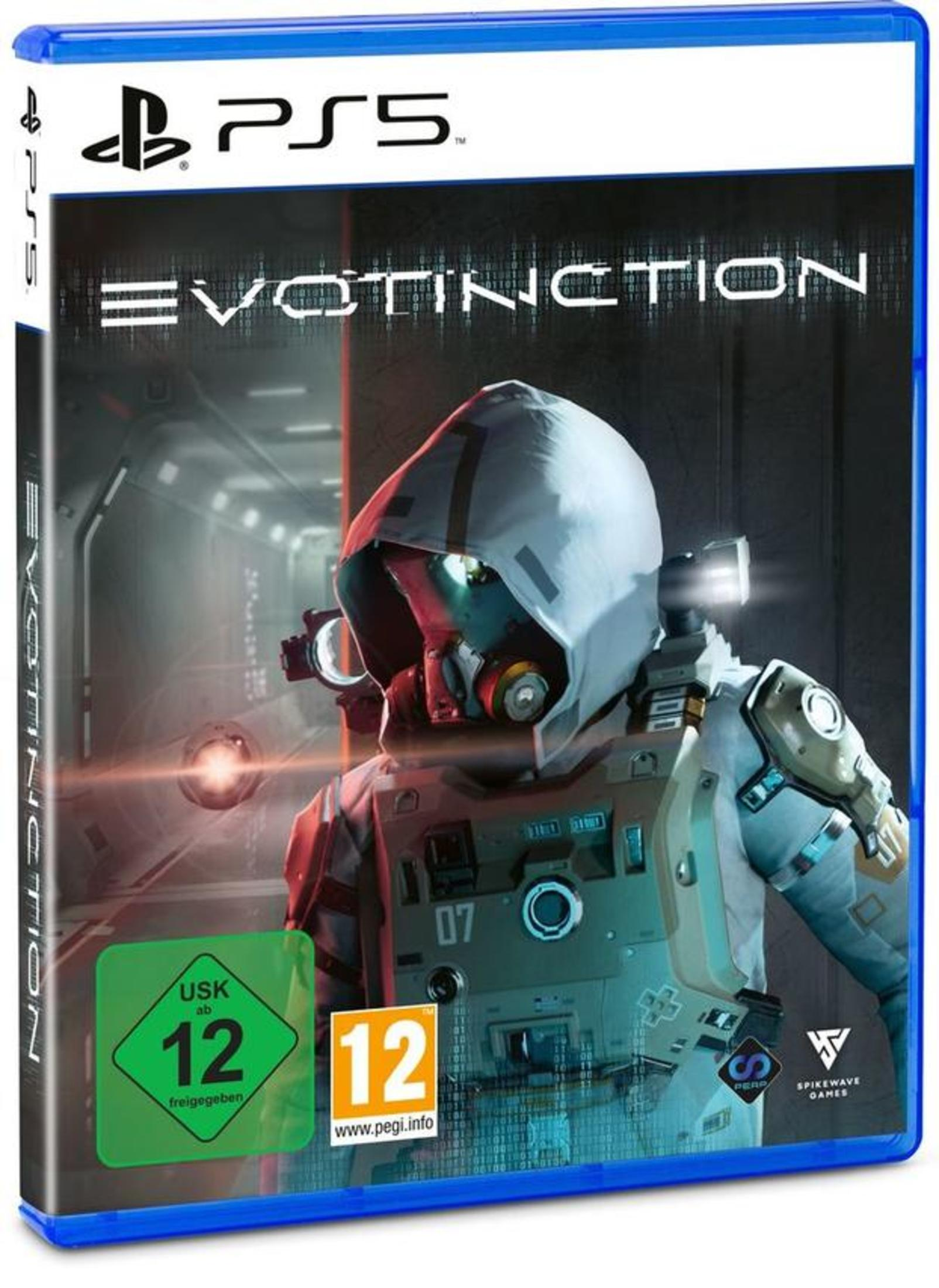 Custodia gioco PS5 con un guerriero futuristico e il titolo EVOTINCTION.
