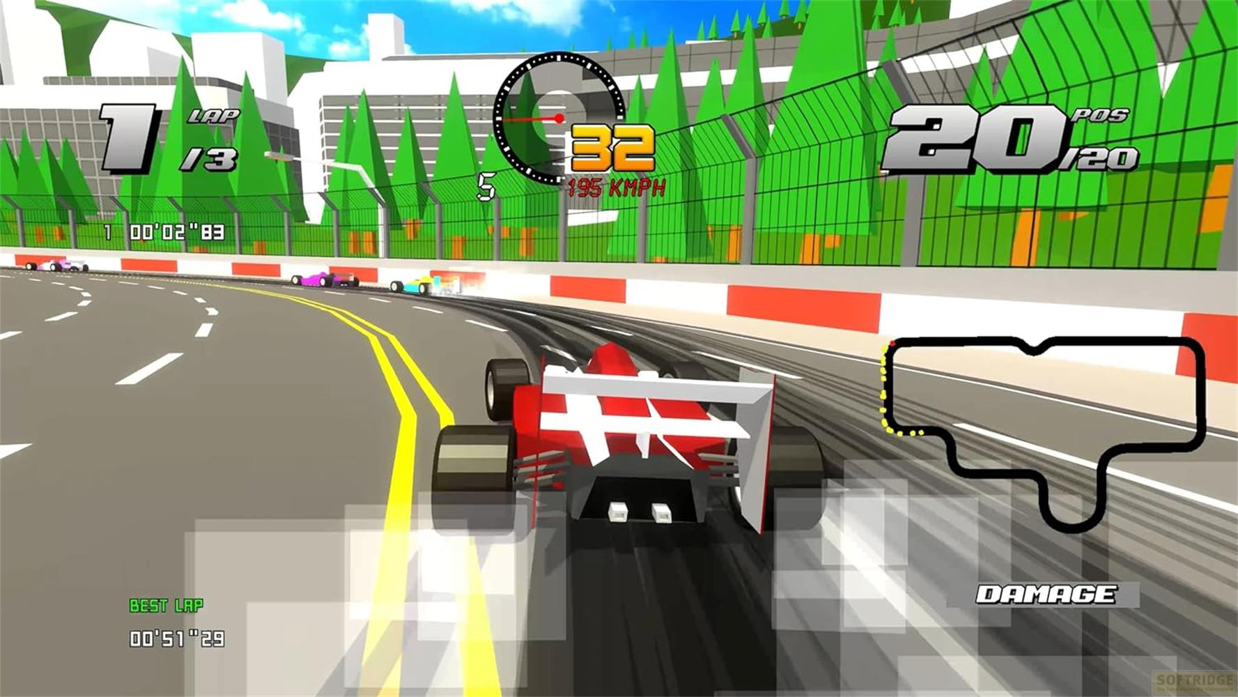 Gioco di corse: Auto rossa in pista, giro 1 di 3, velocità 195 km/h.