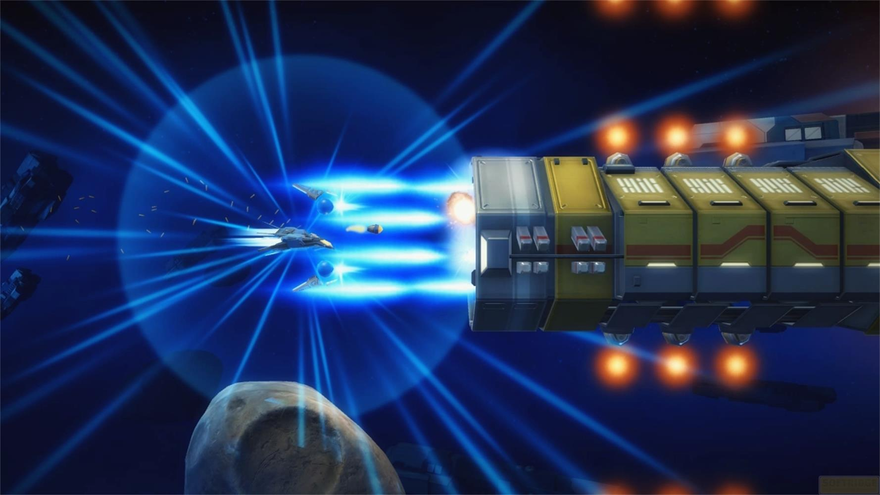 Una piccola navicella spaziale spara laser blu contro una grande navicella giallo-grigia.