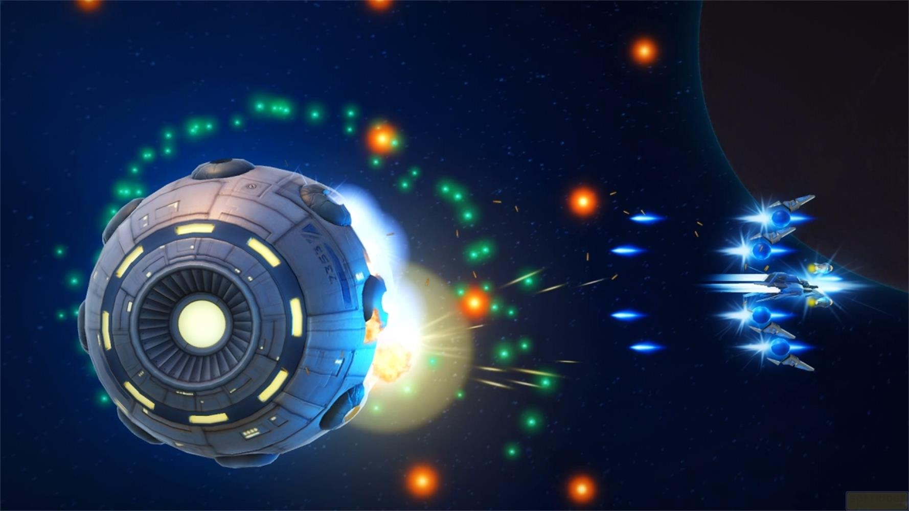 Battaglia spaziale: Piccole navi attaccano una sfera danneggiata con luci verdi e arancioni.