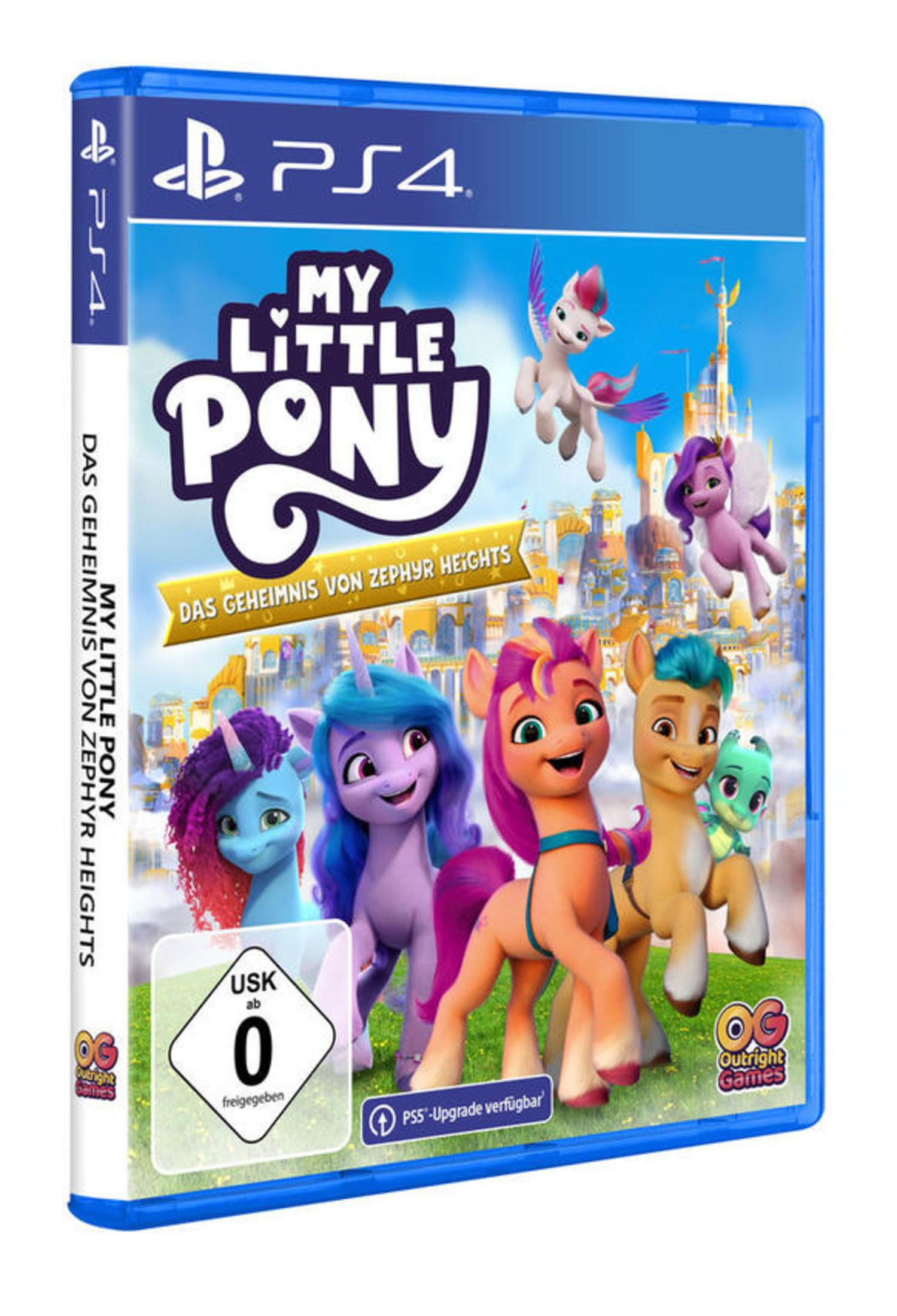 PS4 Spiel "My Little Pony: Das Geheimnis von Zephyr Heights" mit Ponys und Schloss.