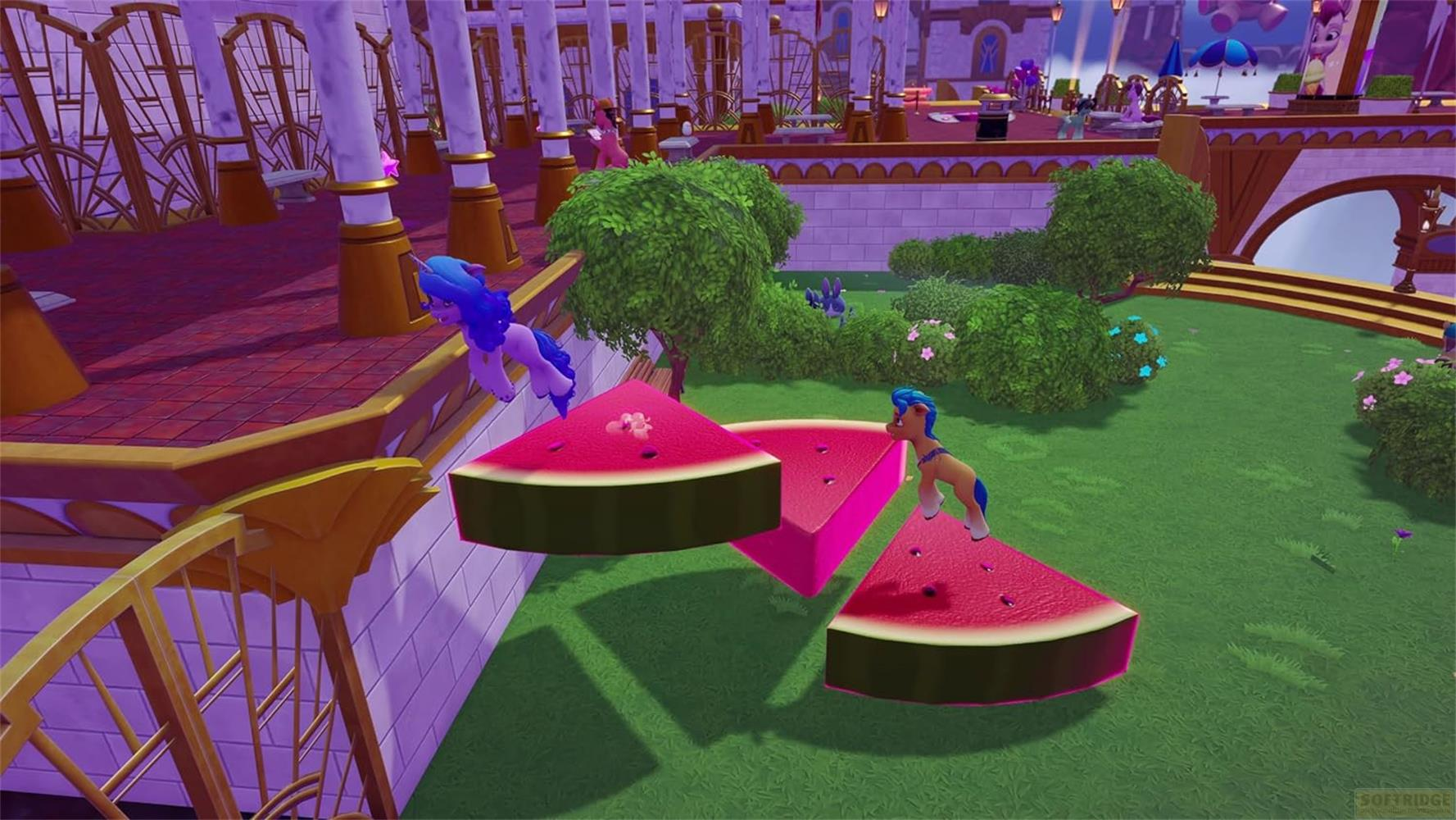 Ponys auf Wassermelonenscheiben in einem fantasievollen Garten.