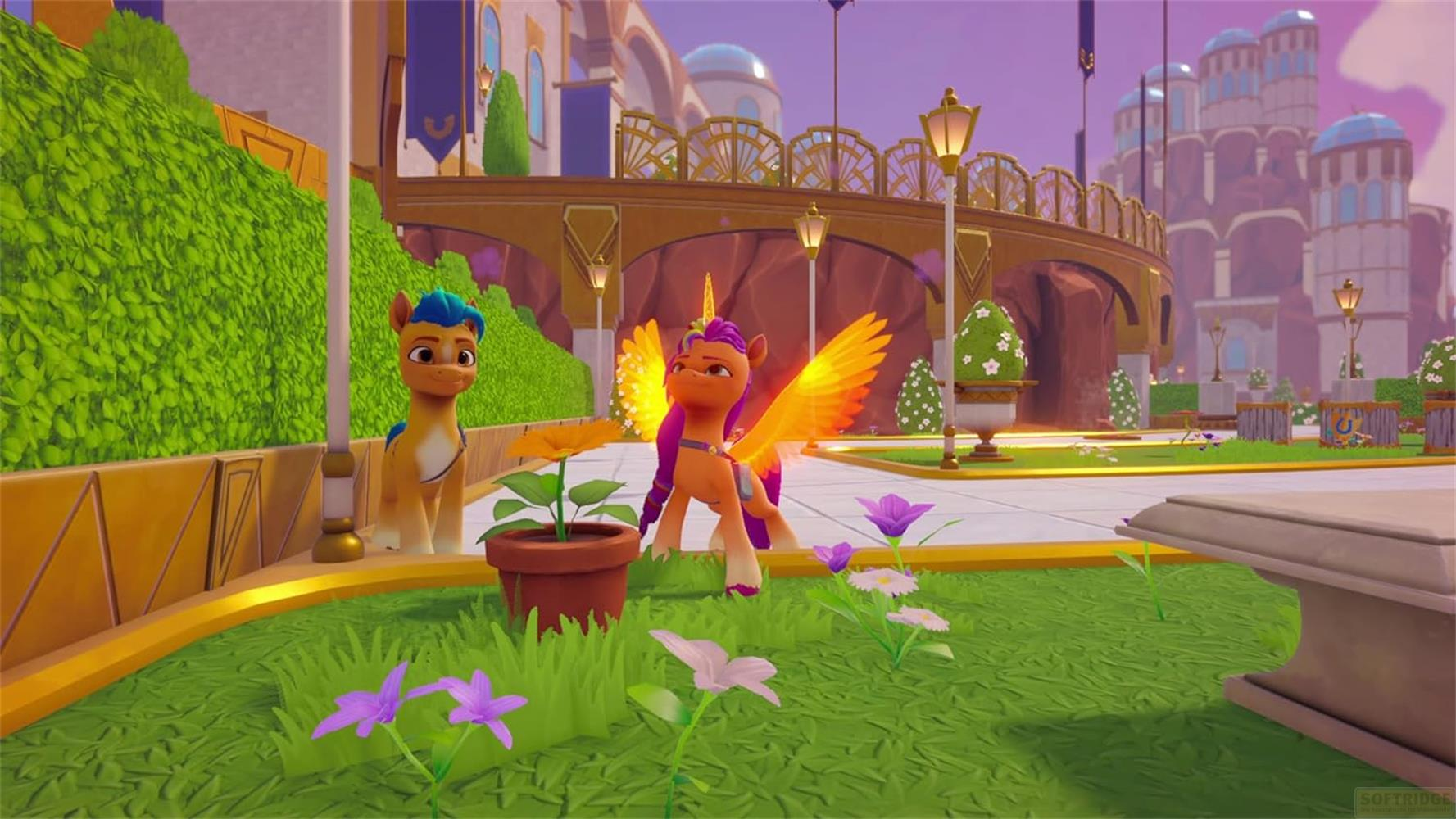 Zwei Ponys stehen in einem Garten mit Blumen und einer Brücke im Hintergrund.