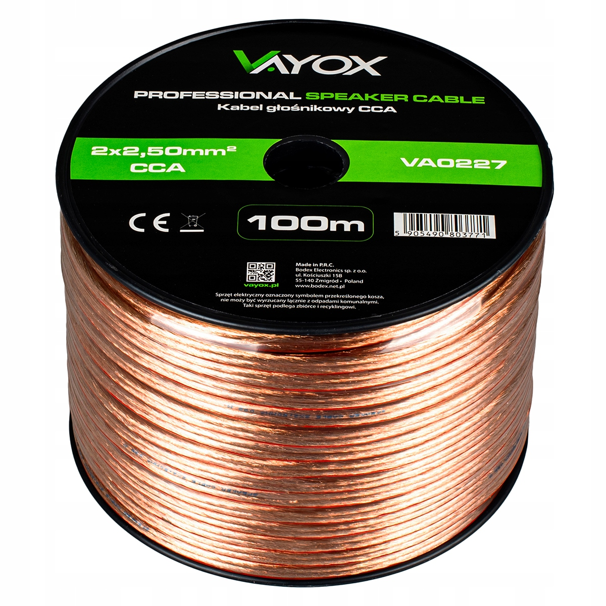 Eine Spule mit 100m Vayox 2x2,50mm² CCA-Lautsprecherkabel aus Kupferdraht.