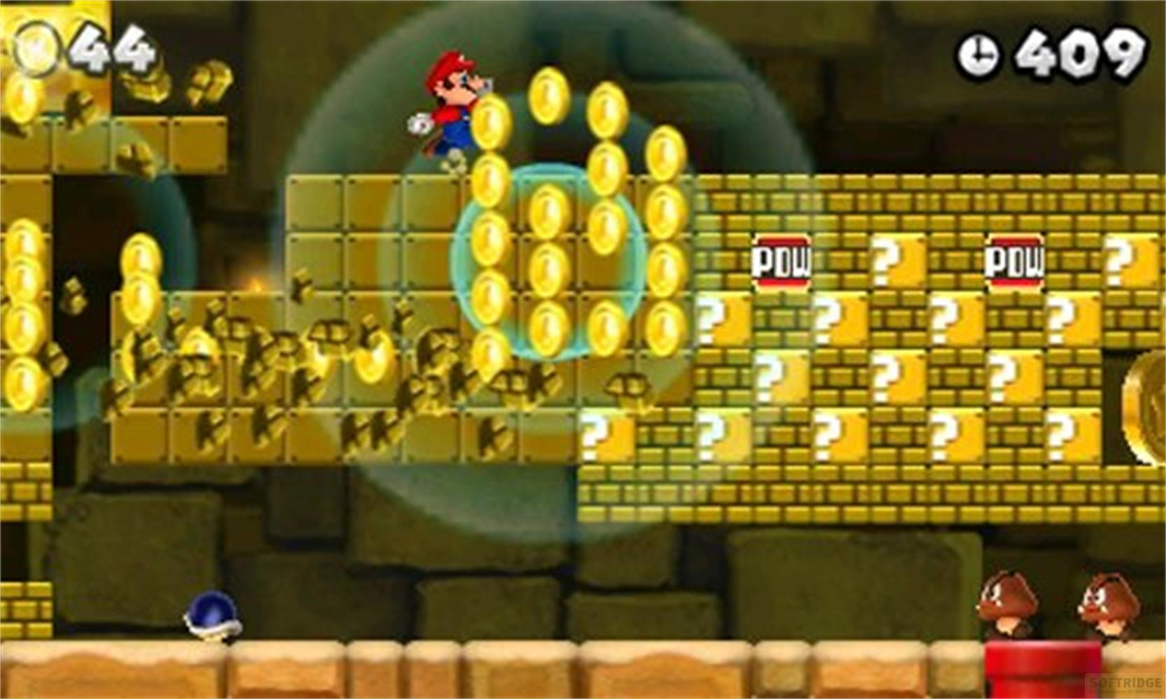 Mario springt auf goldenen Blöcken und sammelt Münzen vor POW-Blöcken.