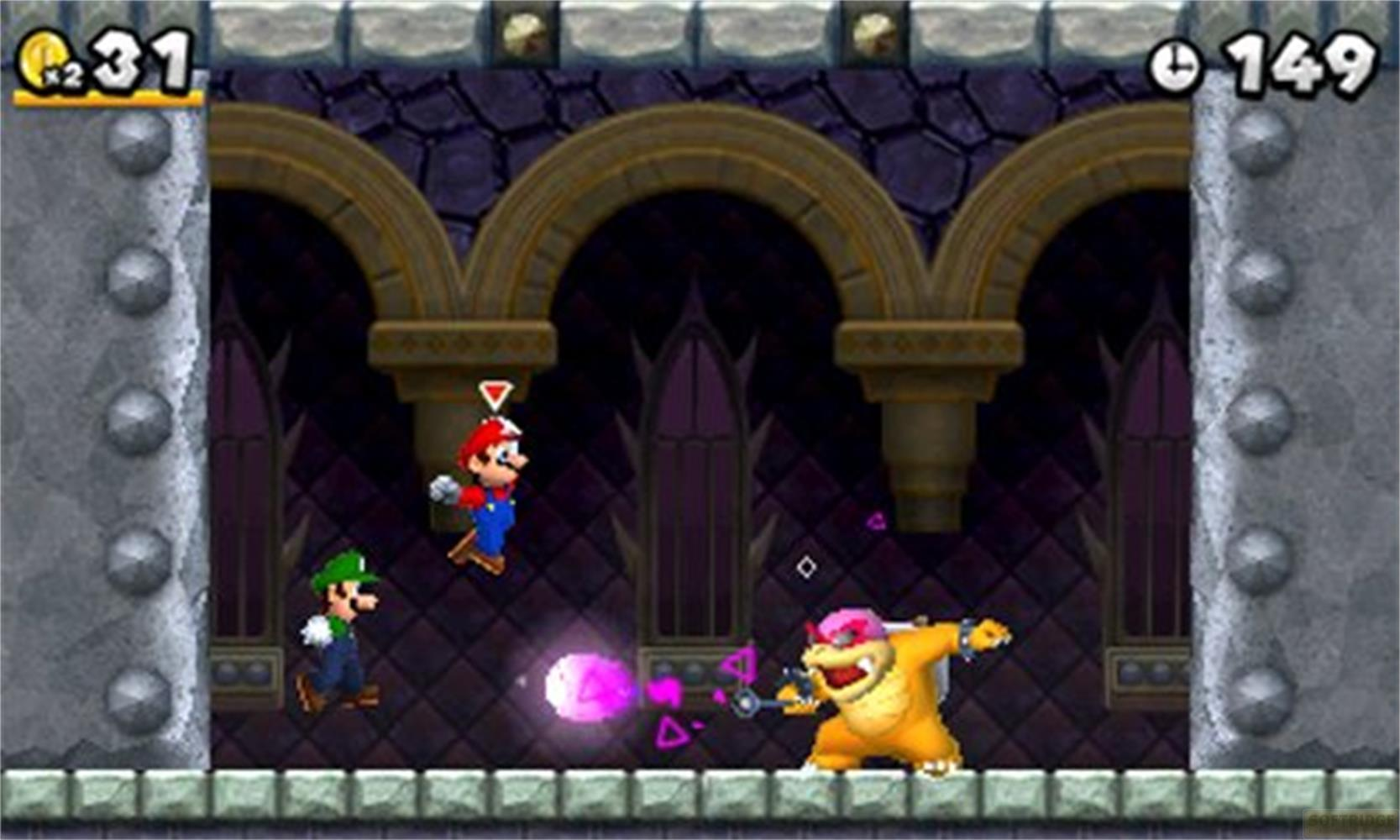 Mario und Luigi kämpfen gegen Bowser Jr. in einer dunklen Burg mit Bögen.