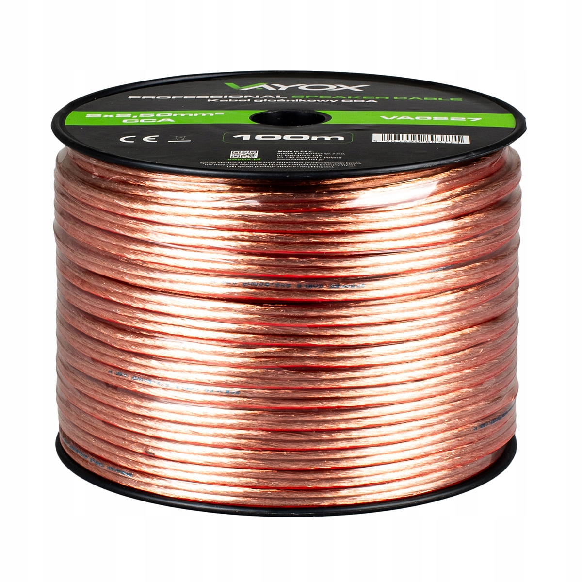 Eine Spule mit 100m professionellem Lautsprecherkabel, 8x2,50mm2 CCA, Kupferfarbe.