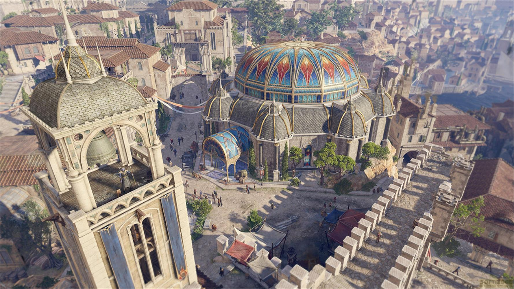 Vista dettagliata di una città medievale con campanile ed edificio a cupola.