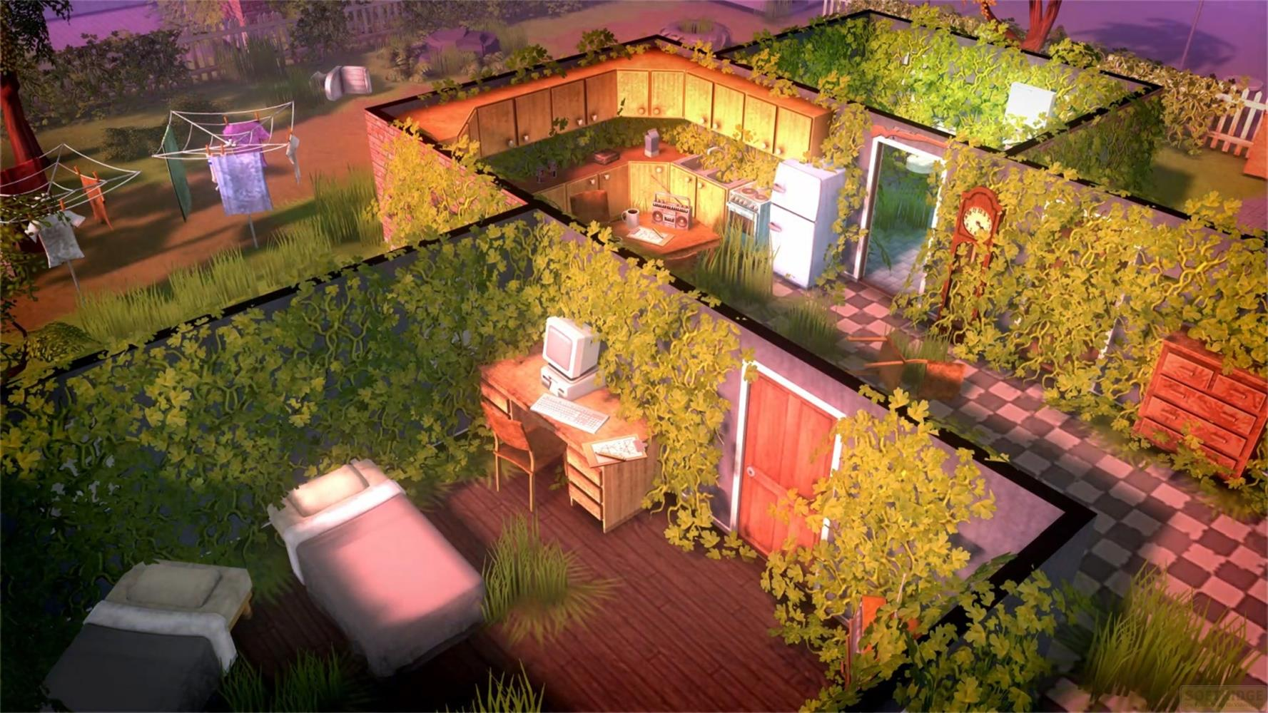 Rovine ricoperte di vegetazione con letto, scrivania, cucina e stendibiancheria.