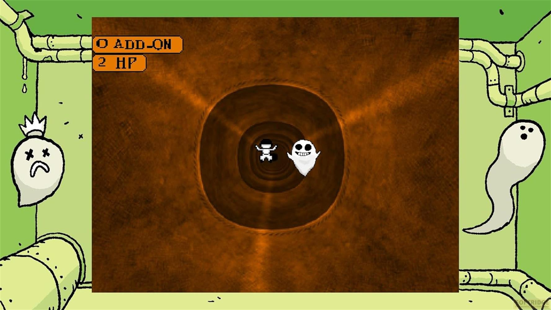 Un personaggio pixel e un fantasma in un tunnel arancione, tubi verdi all'esterno.