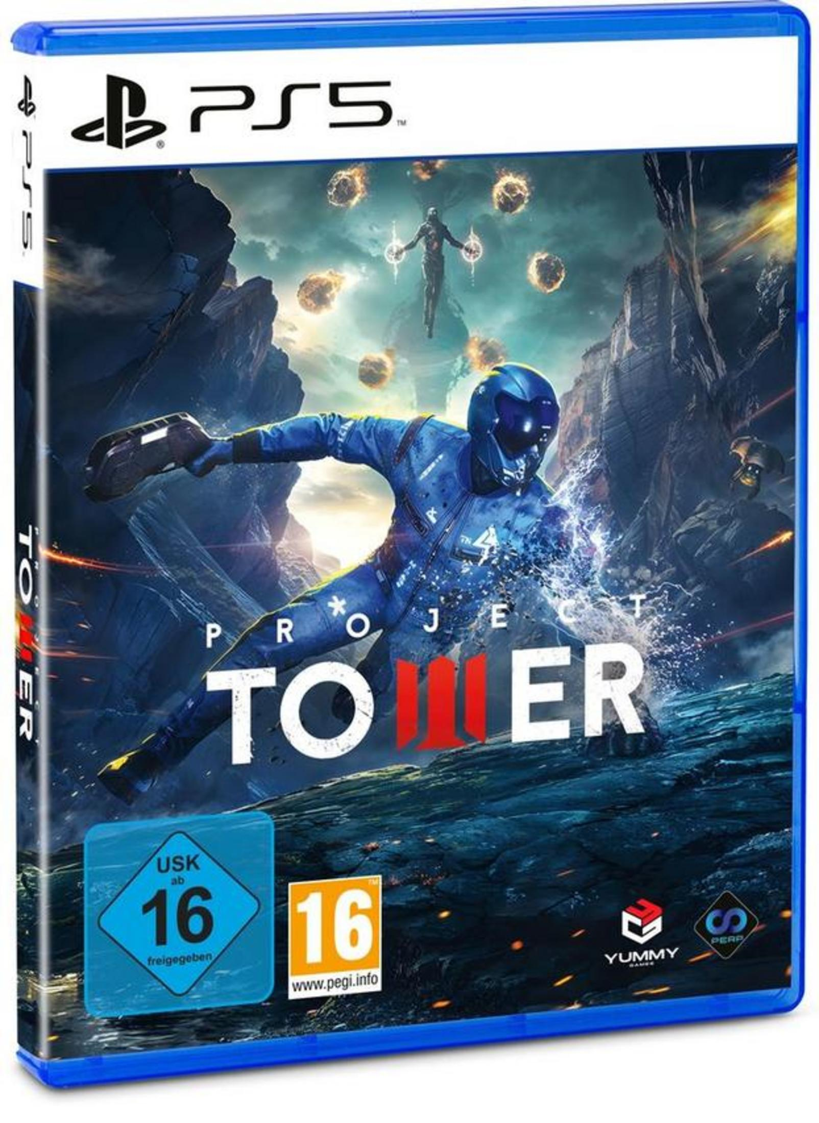 Ein Mann in blauer Rüstung mit Helm schwebt vor Felsen und Feuerelementen.