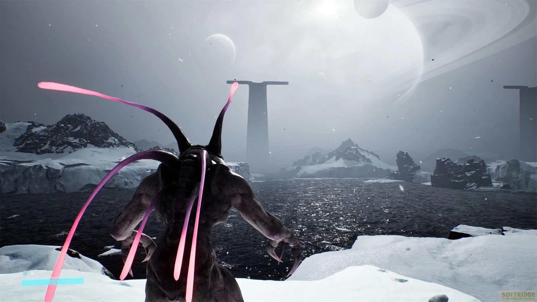 Ein Alien-Monster mit pinken Tentakeln steht in einer verschneiten Landschaft mit Eisbergen und Monden.