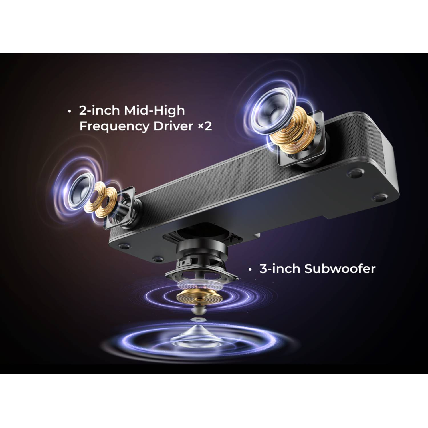 Widok rozstrzelony soundbara pokazujący dwa głośniki 2-calowe i jeden subwoofer 3-calowy.