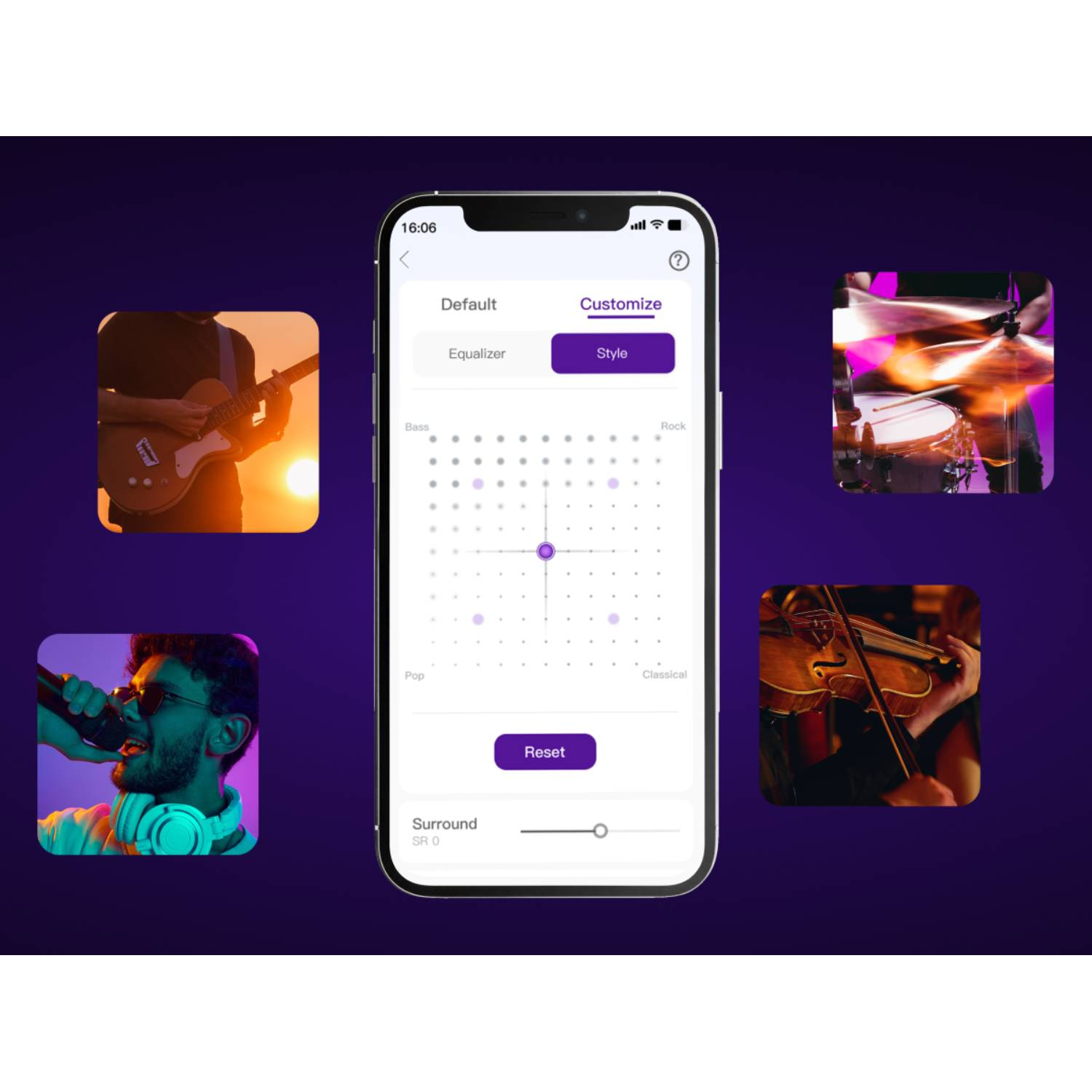 Smartfon wyświetla ustawienia korektora z obrazami muzycznymi: gitarzysta, piosenkarz, perkusista, skrzypek.